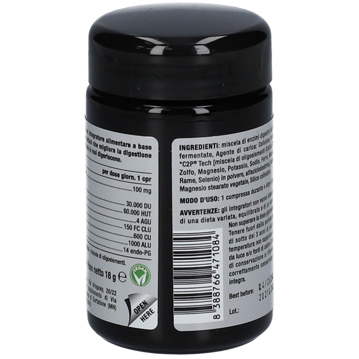 Barattolo nero con etichetta bianca. Testo: Informazioni nutrizionali, dosaggio. Logo verde. 18g. Aprire.