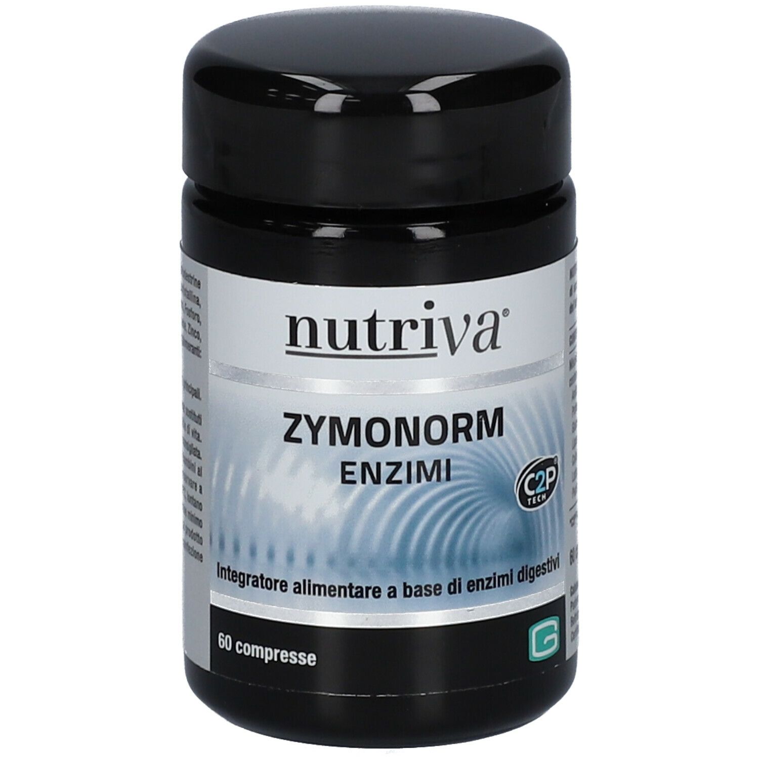 Barattolo nero con etichetta bianca. Scritta: Nutriva Zymonorm Enzimi. 60 compresse. Logo C2P Tech.