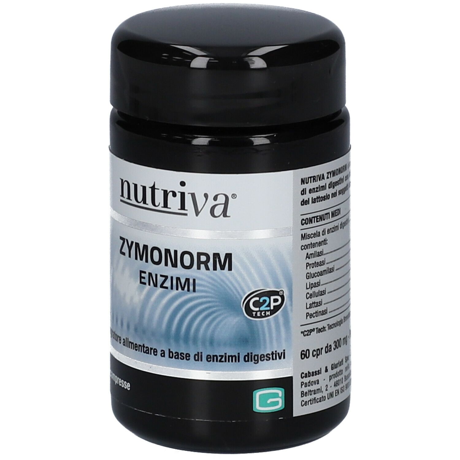 Barattolo nero con etichetta bianca. Scritta: Nutriva Zymonorm Enzimi. 60 compresse. Logo C2P Tech.