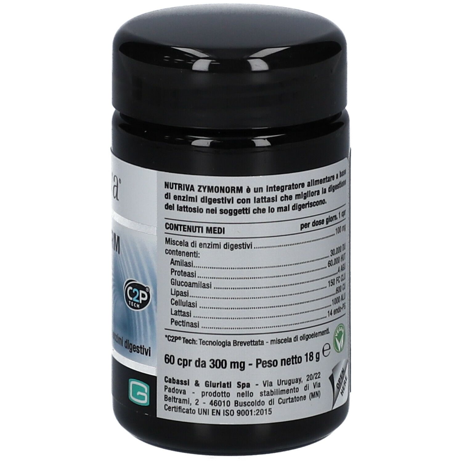 Barattolo nero con etichetta bianca. Testo: Ingredienti, dosaggio. 60 compresse. Logo C2P Tech. ISO 9001.