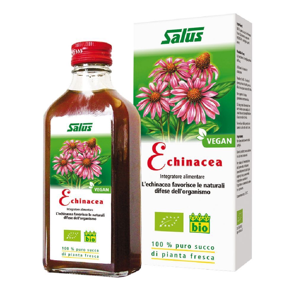 Liquido marrone in bottiglia di vetro con tappo rosso. Accanto, scatola con fiori di Echinacea e testo.
