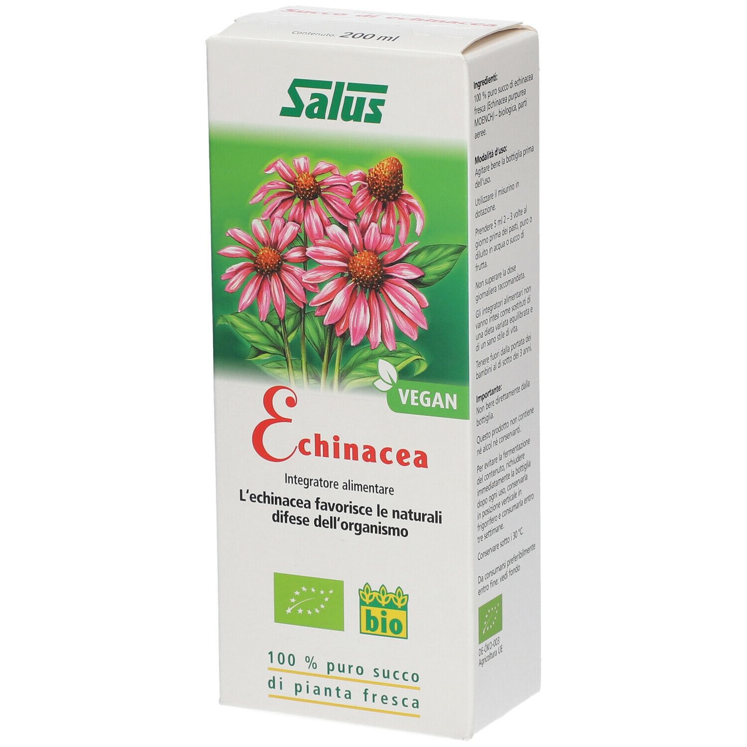 Scatola bianca con fiori di Echinacea, testo e logo. Scritto: Echinacea, Integratore alimentare.