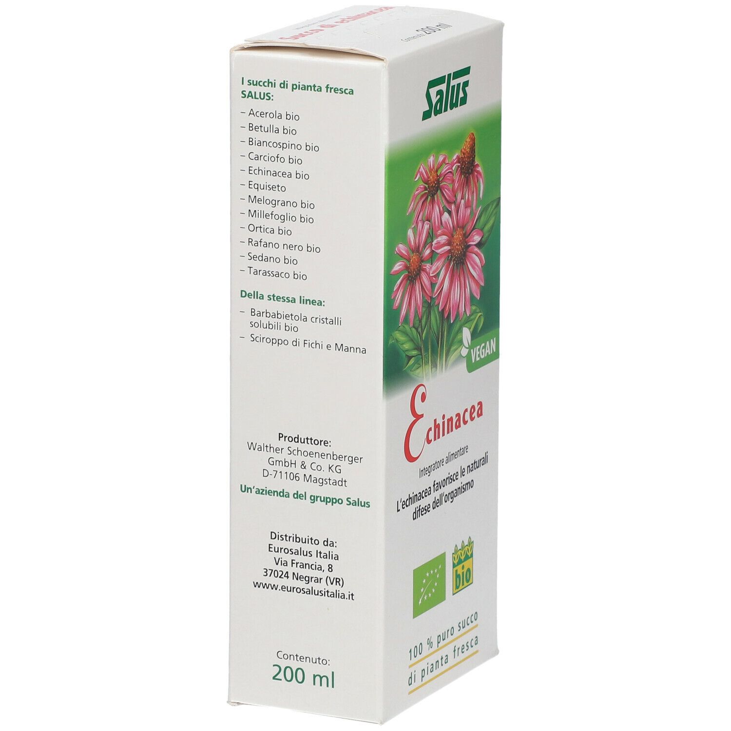 Scatola bianca con testo e logo. Scritto: Echinacea, Integratore alimentare. Retro con elenco ingredienti e valori nutrizionali.