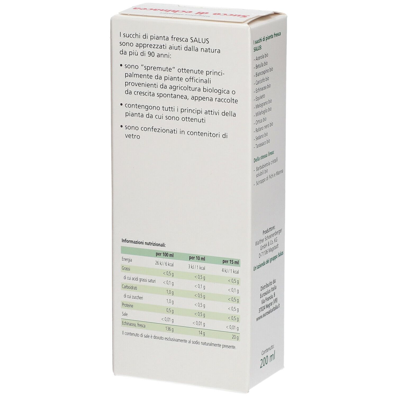 Scatola bianca con testo e logo. Scritto: Echinacea, Integratore alimentare. Vista laterale con elenco ingredienti e valori nutrizionali.