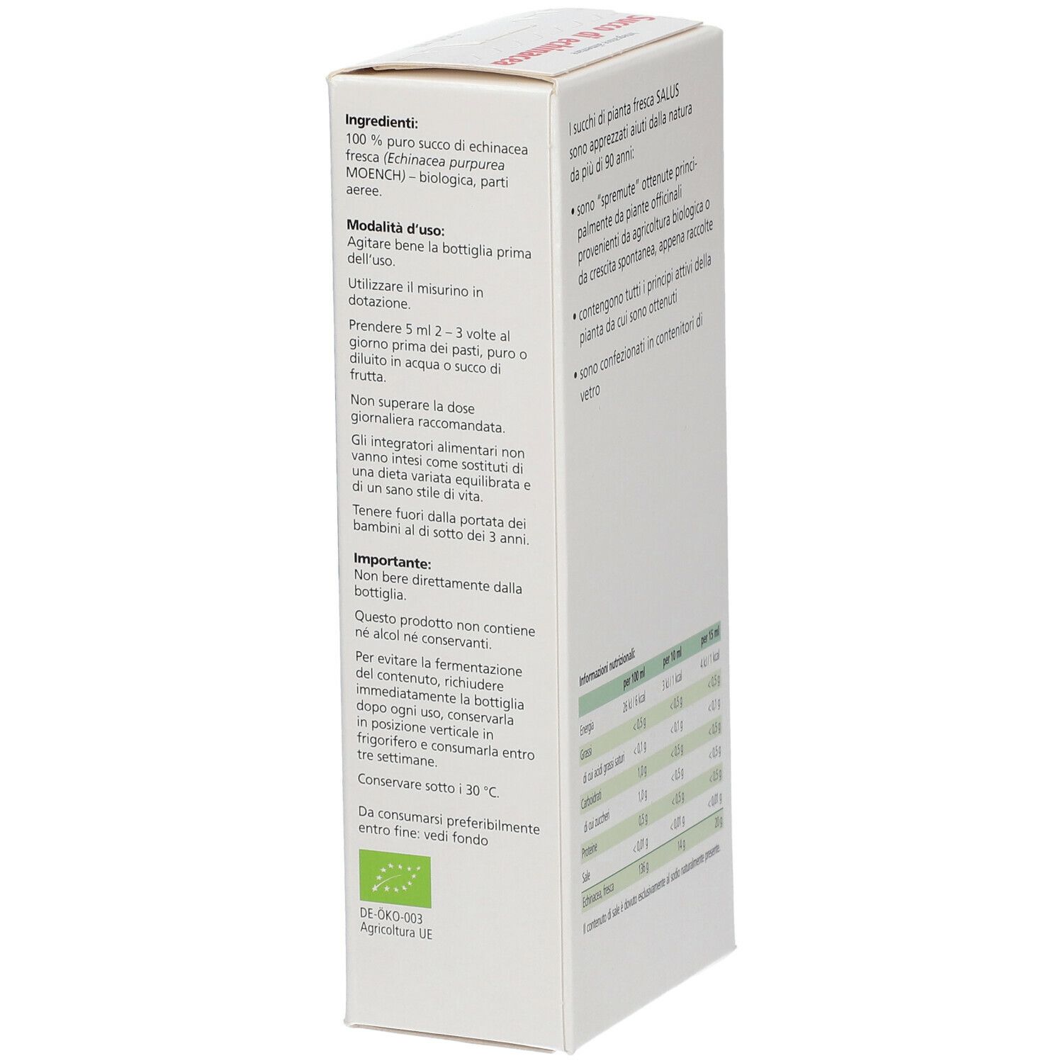 Scatola bianca con testo e logo. Scritto: Echinacea, Integratore alimentare. Vista laterale con istruzioni per l'uso.