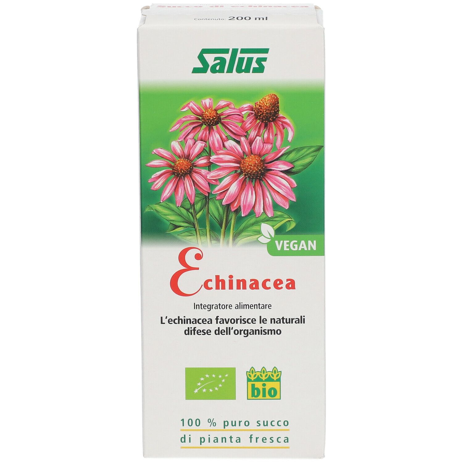 Scatola bianca con fiori di Echinacea, testo e logo. Scritto: Echinacea, Integratore alimentare.
