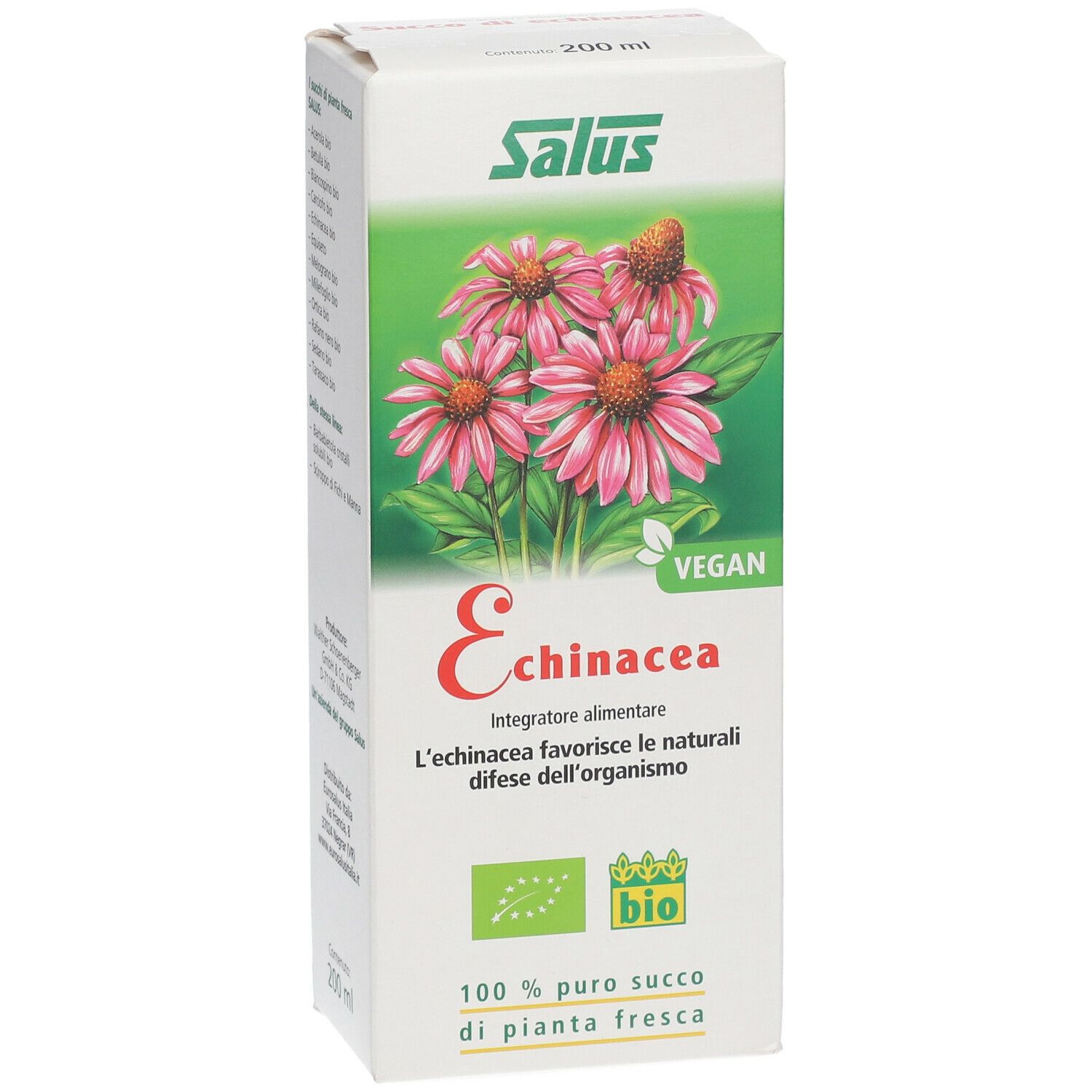 Scatola bianca con fiori di Echinacea, testo e logo. Scritto: Echinacea, Integratore alimentare.