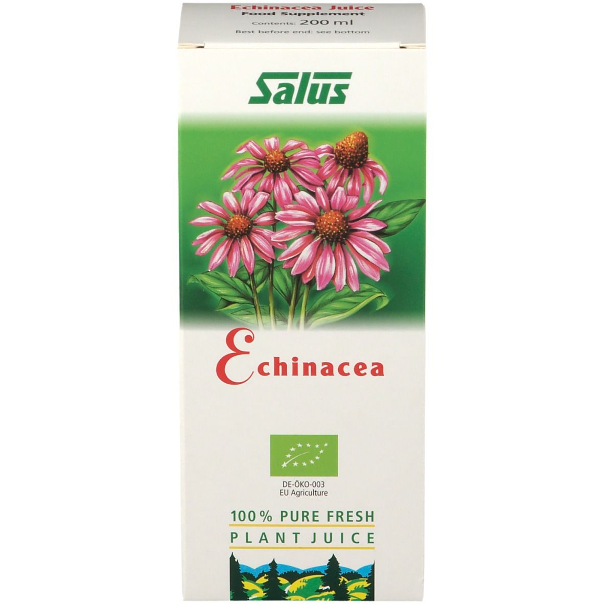 Scatola bianca con fiori di Echinacea, testo e logo. Scritto: Echinacea Juice Food Supplement.