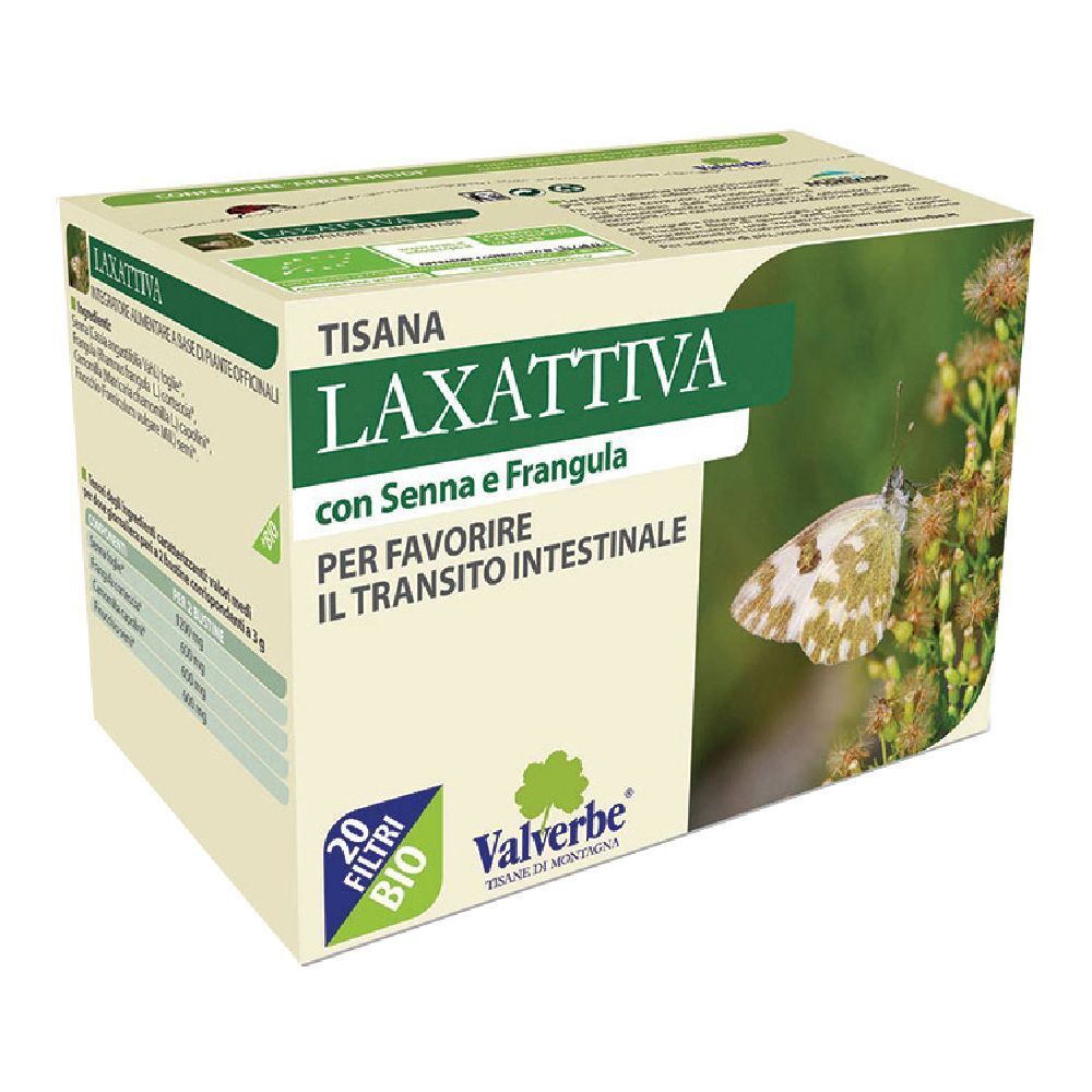 Scatola 'Tisana Laxattiva' con farfalla. 20 filtri, certificazione Bio. Marchio Valverbe.