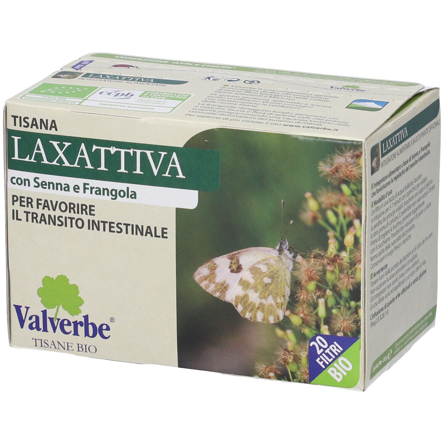 Scatola 'Tisana Laxattiva' con farfalla. 20 filtri, certificazione Bio. Marchio Valverbe.