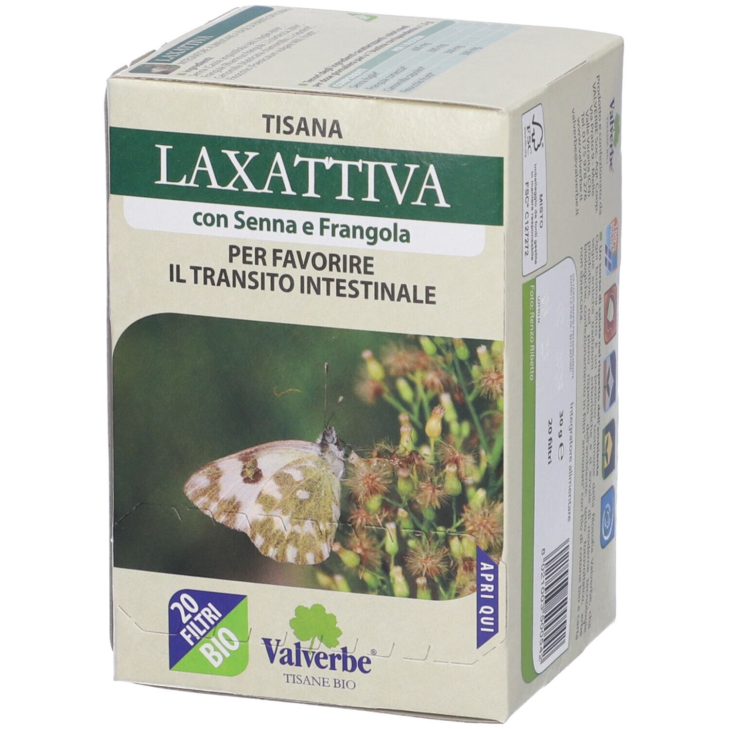 Scatola 'Tisana Laxattiva' con farfalla. 20 filtri, Bio. Marchio Valverbe. 'Apri qui'.