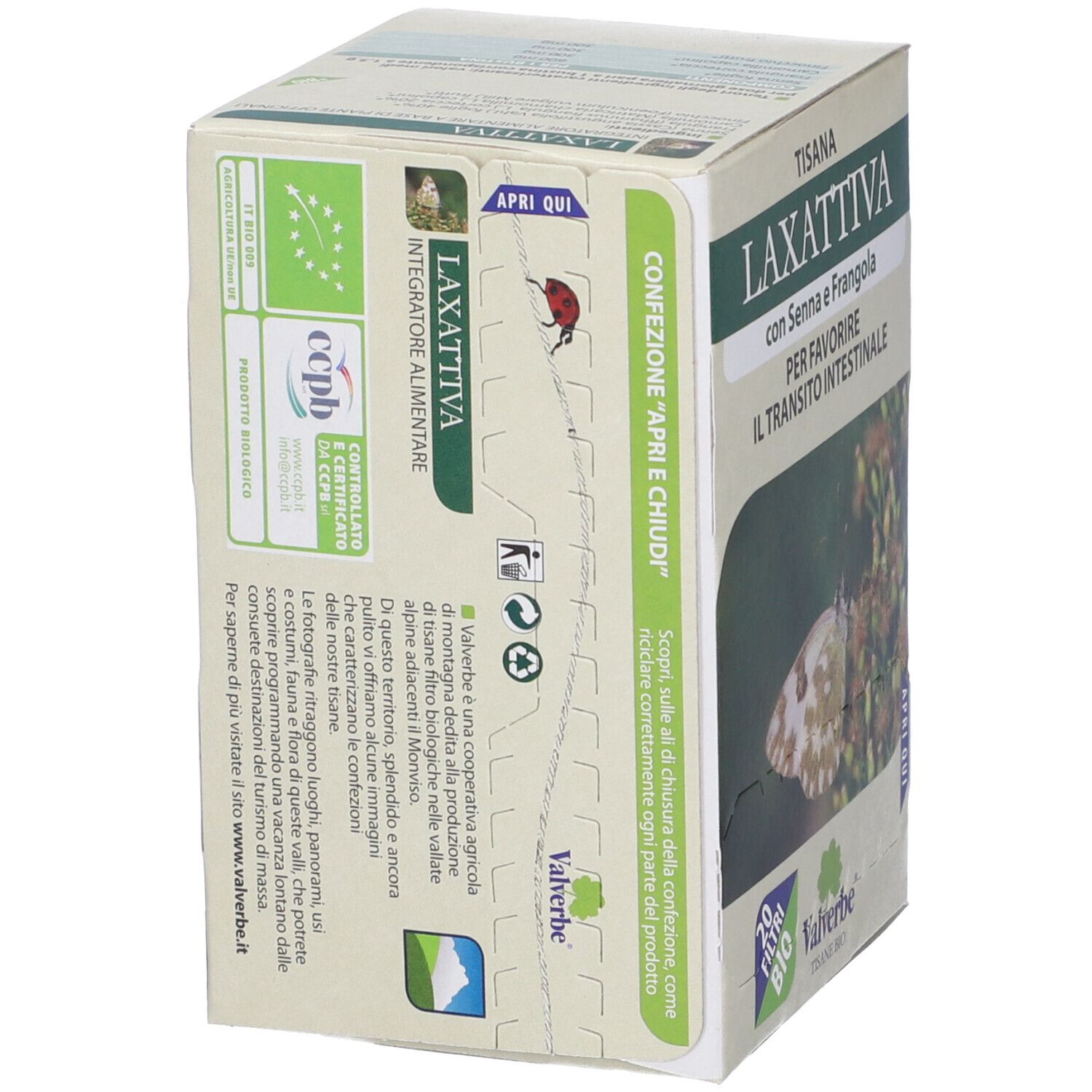 Scatola 'Tisana Laxattiva' con testo e logo. Bio. Marchio Valverbe. 'Apri e chiudi'.