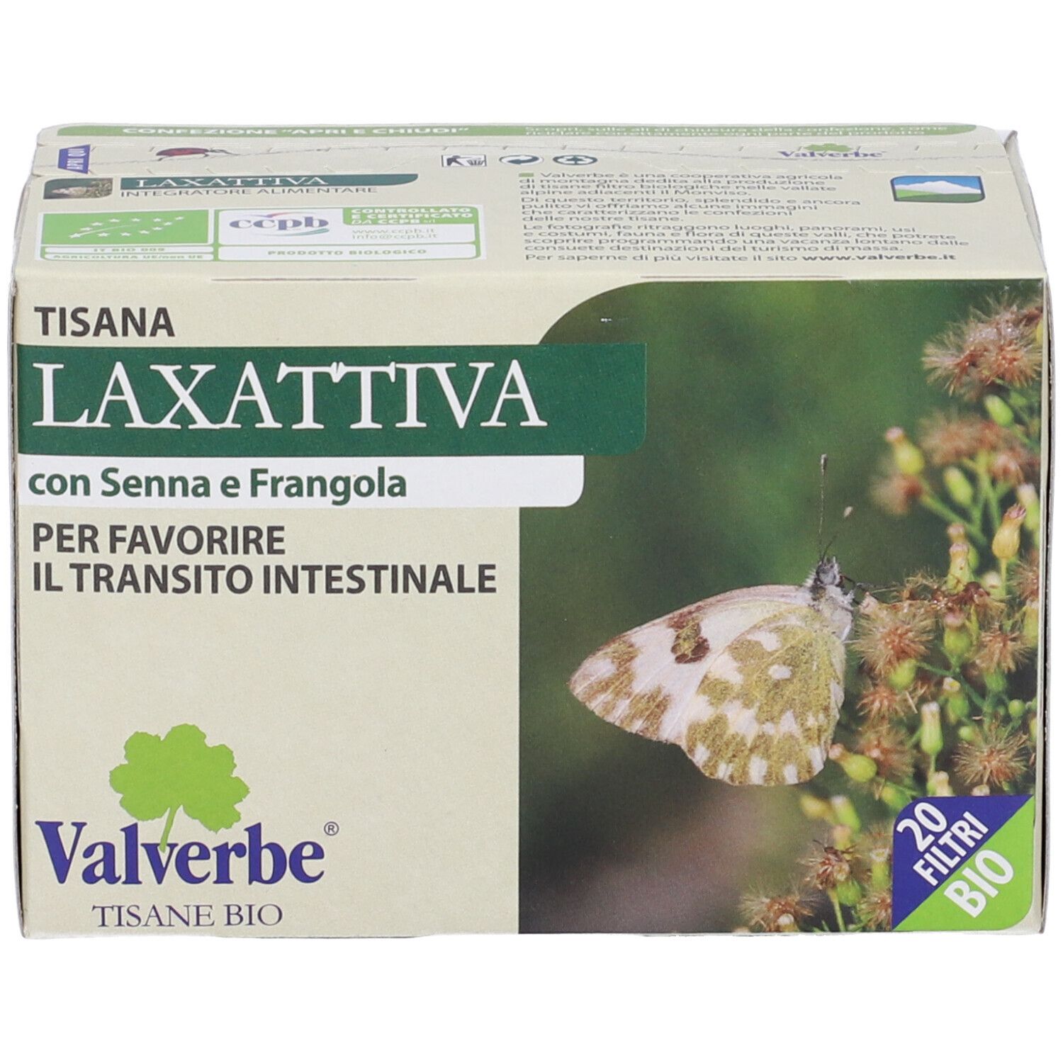 Scatola 'Tisana Laxattiva' con farfalla. 20 filtri, certificazione Bio. Marchio Valverbe.