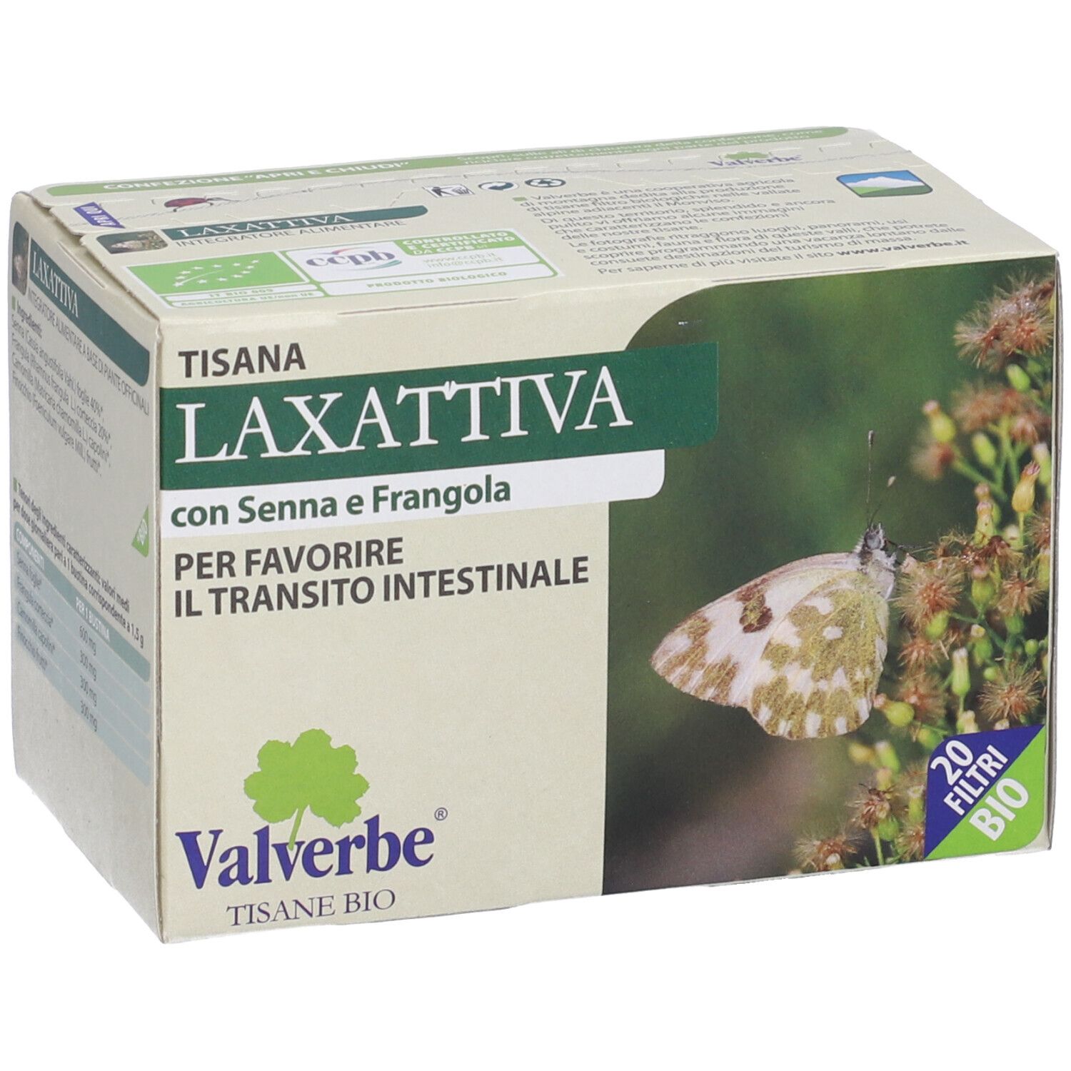 Scatola 'Tisana Laxattiva' con farfalla. 20 filtri, certificazione Bio. Marchio Valverbe.