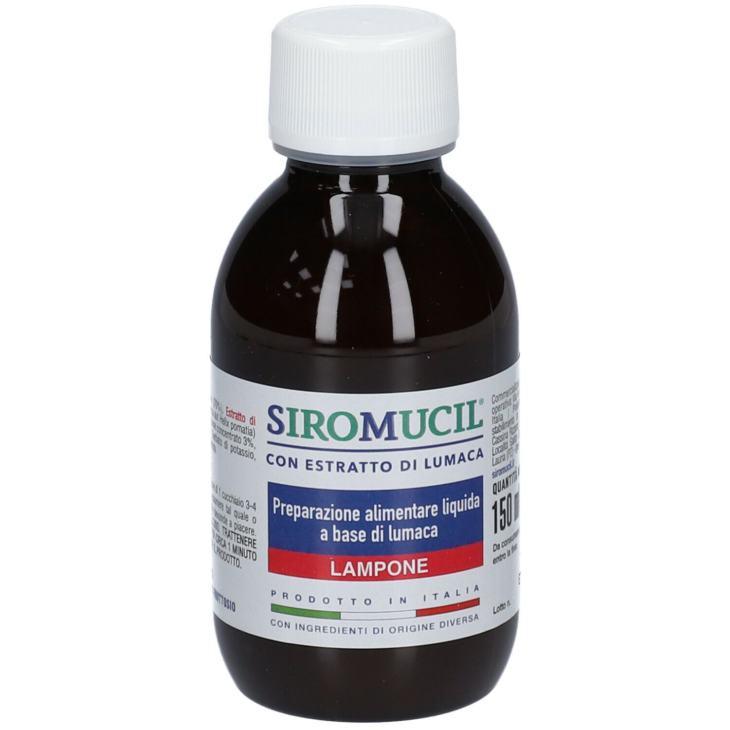 Bottiglia marrone SIROMUCIL® Lampone con tappo bianco. Etichetta prodotto con informazioni e '150 ml'.