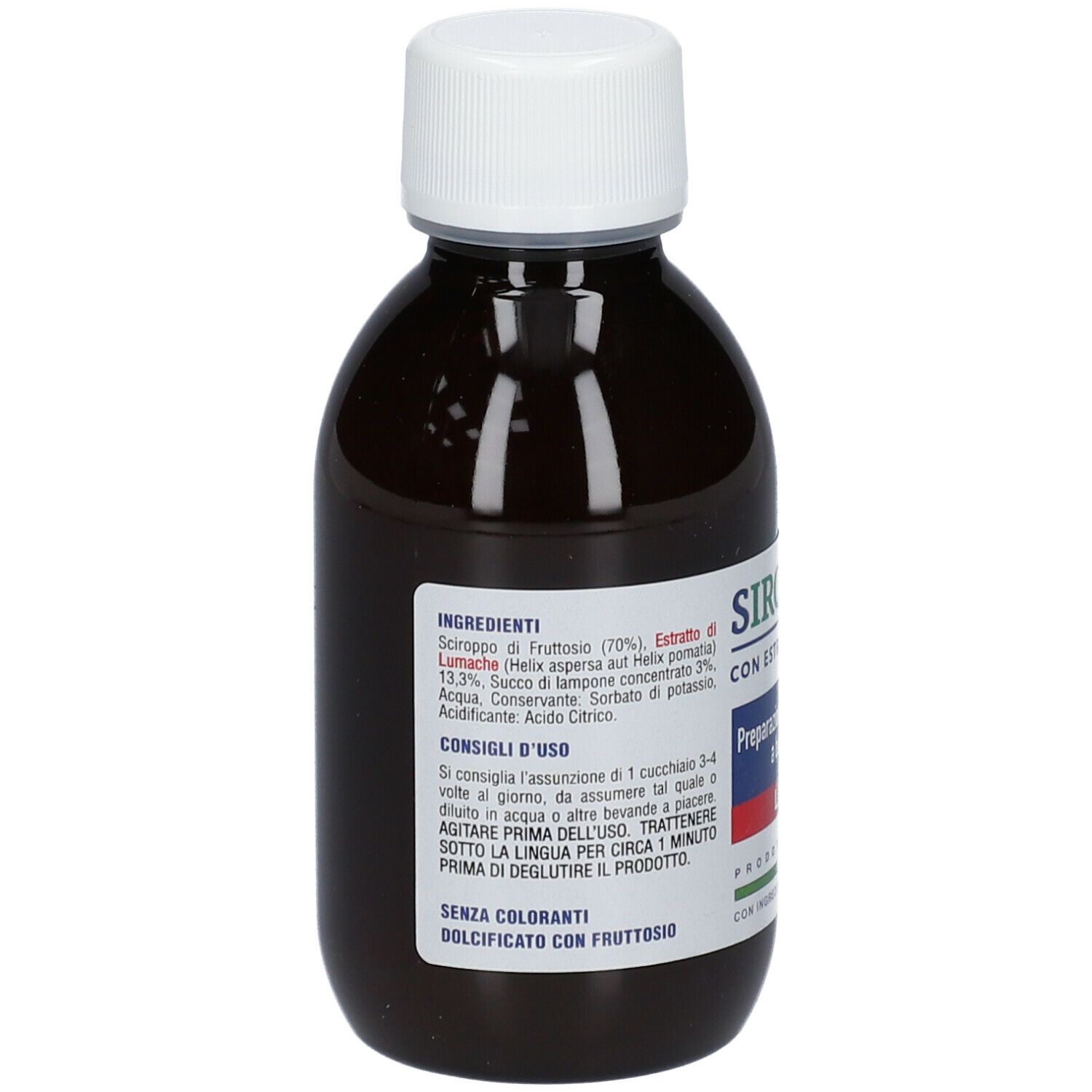 Bottiglia marrone SIROMUCIL® Lampone con tappo bianco. Etichetta con ingredienti e istruzioni per l'uso.
