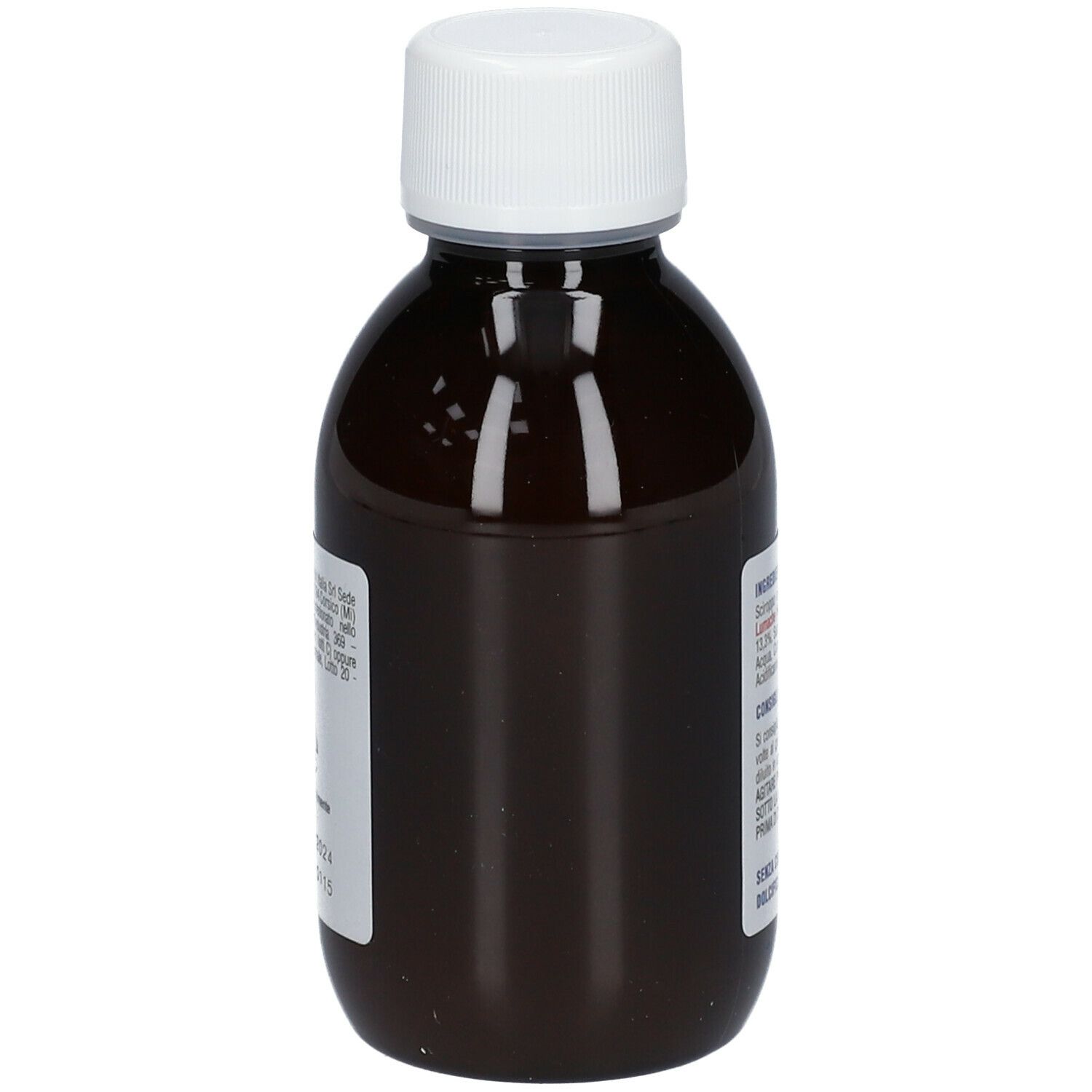 Bottiglia marrone SIROMUCIL® Lampone con tappo bianco. Etichetta con informazioni sul prodotto. Vista posteriore.