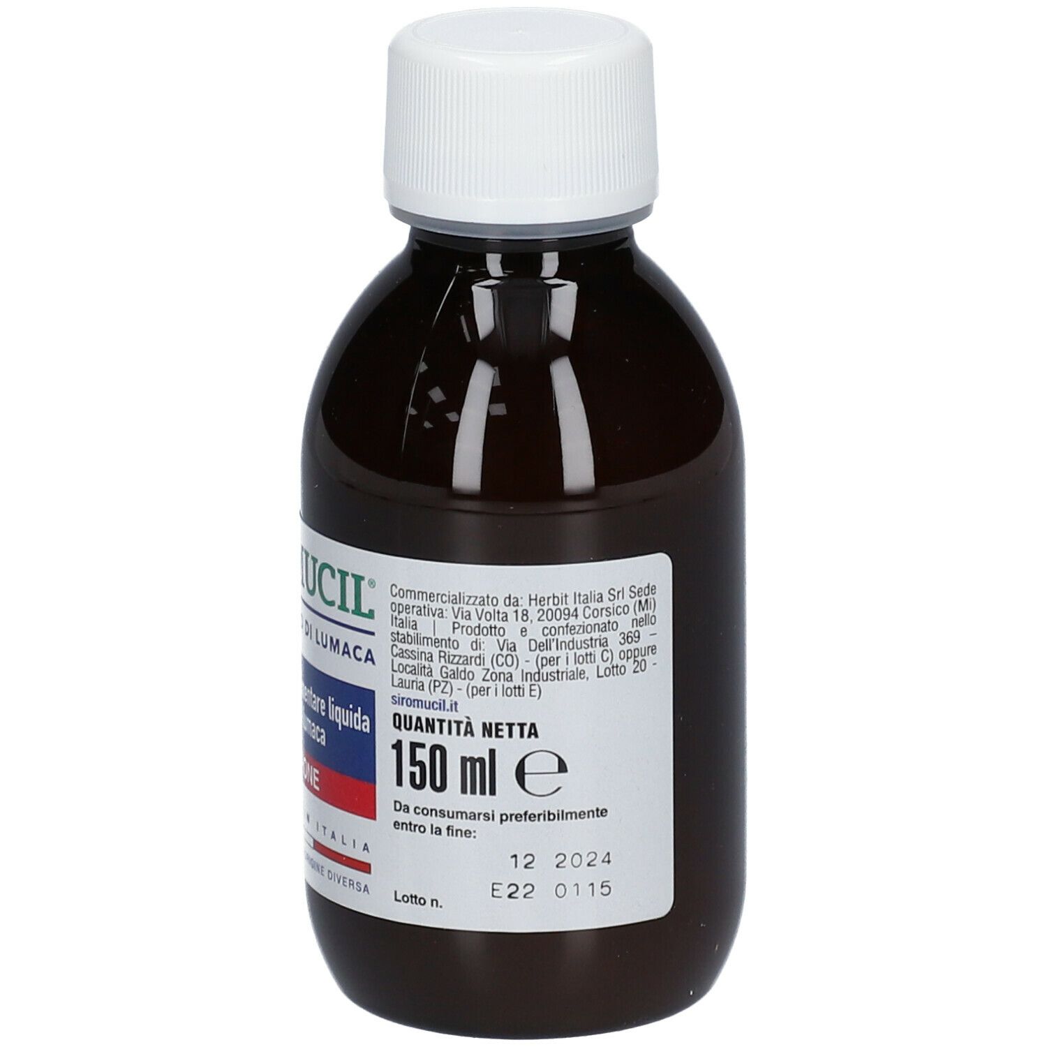 Bottiglia marrone SIROMUCIL® Lampone con tappo bianco. Etichetta con informazioni e '150 ml'.