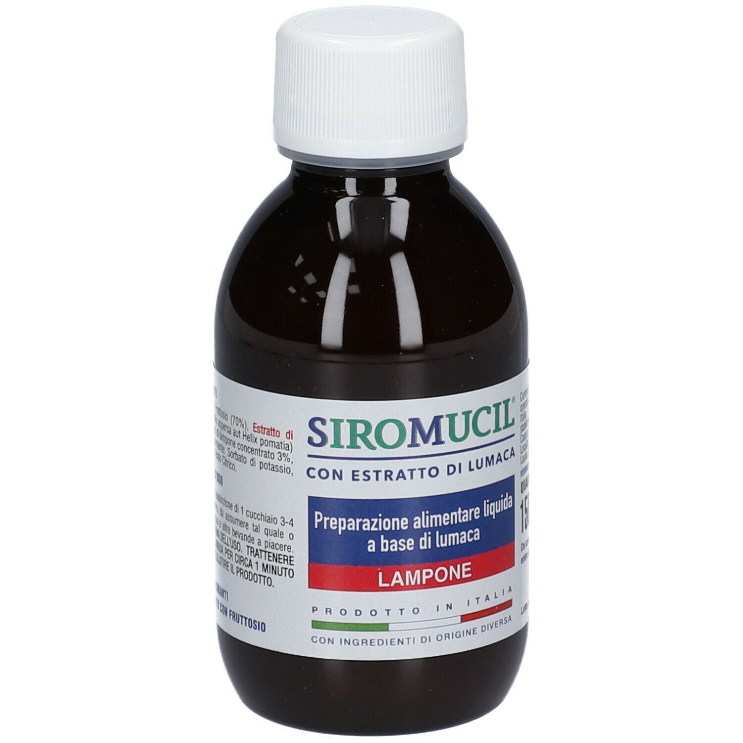Bottiglia marrone SIROMUCIL® Lampone con tappo bianco. Etichetta con informazioni sul prodotto.