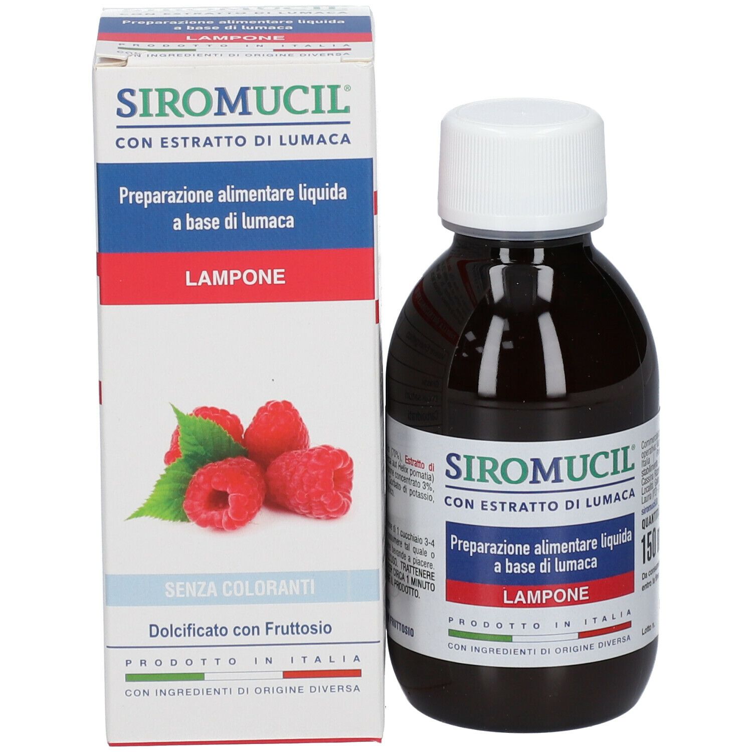 Bottiglia e scatola SIROMUCIL® Lampone. La scatola mostra lamponi. Informazioni sul prodotto visibili.