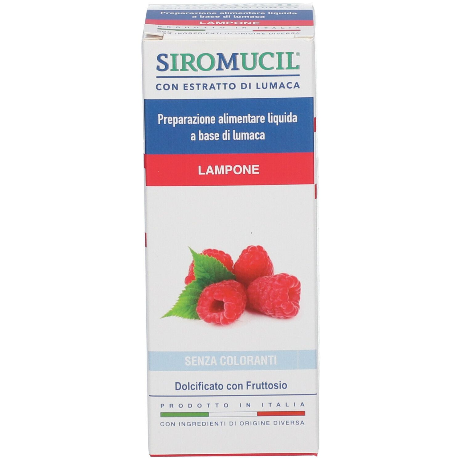 Scatola SIROMUCIL® Lampone. La scatola mostra lamponi. Informazioni sul prodotto visibili.