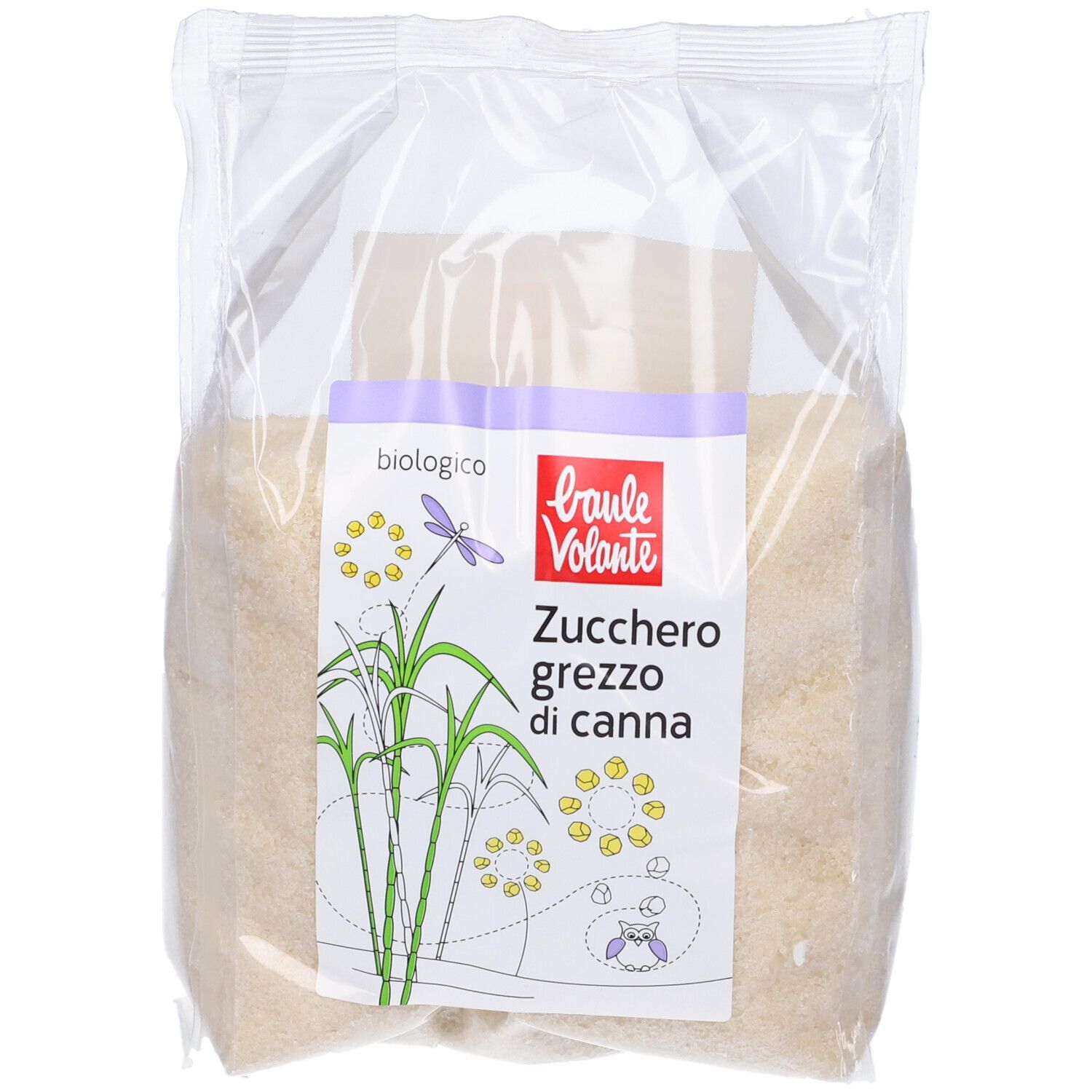 Zucchero in confezione trasparente. Etichetta con nome prodotto, marchio 'Baulé Volante' e 'Zucchero grezzo di canna'.