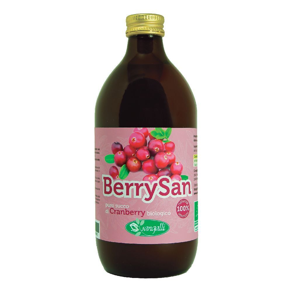 Bottiglia di vetro marrone con etichetta di mirtillo rosso. Scritta: BerrySan, succo di cranberry. Tappo dorato. Immagine di mirtilli rossi.
