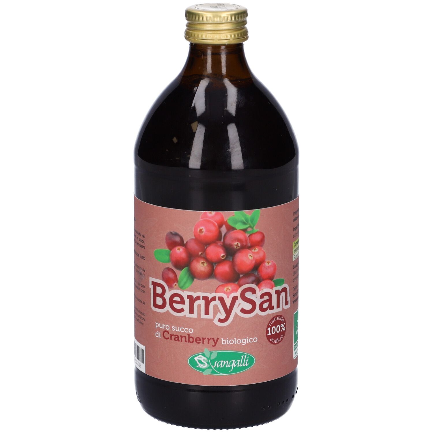 Bottiglia di vetro marrone con etichetta di mirtillo rosso. Scritta: BerrySan, succo di cranberry. Tappo dorato. Immagine di mirtilli rossi.