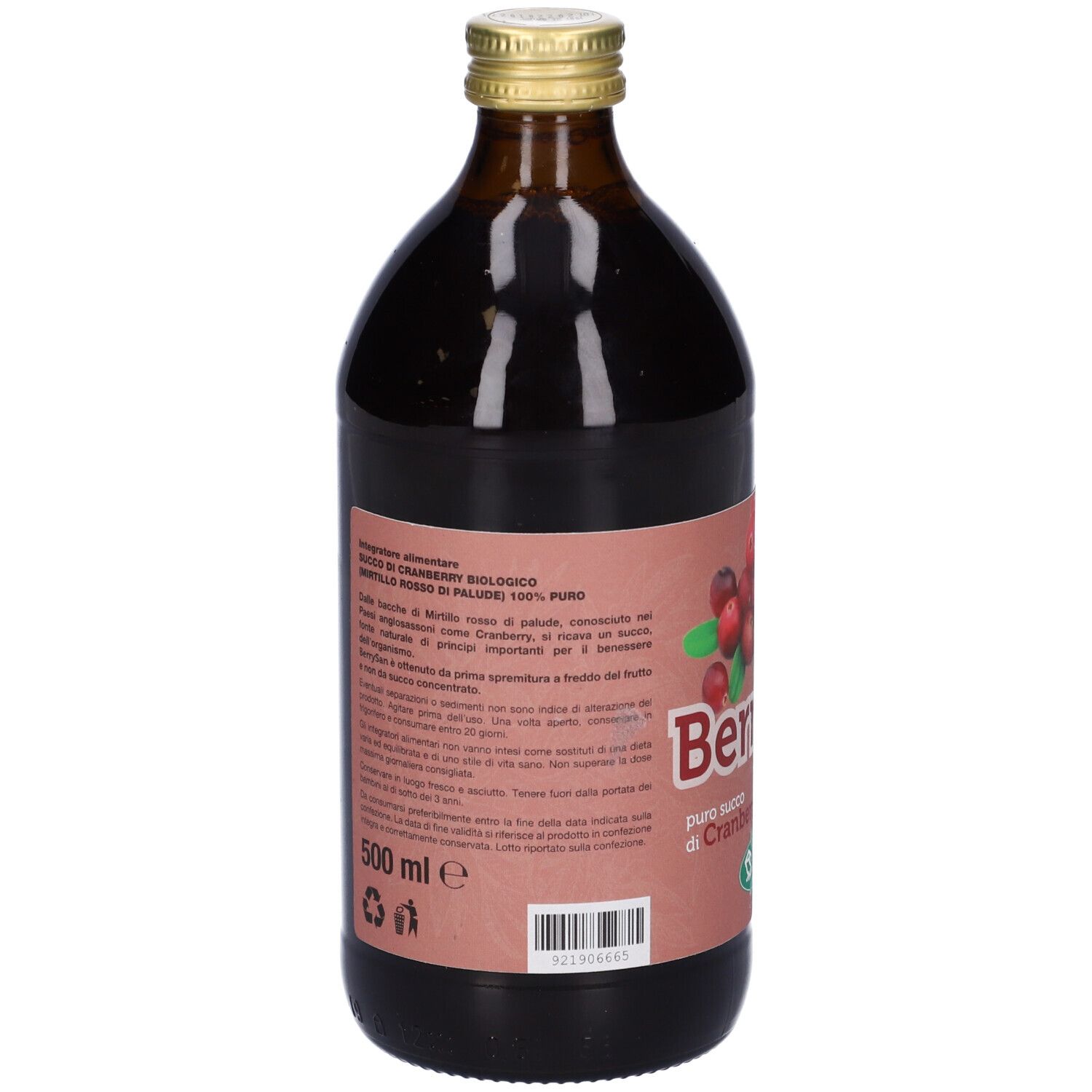 Bottiglia di vetro marrone con etichetta di mirtillo rosso. Scritta: BerrySan, succo di cranberry. Tappo dorato. Immagine di mirtilli rossi.