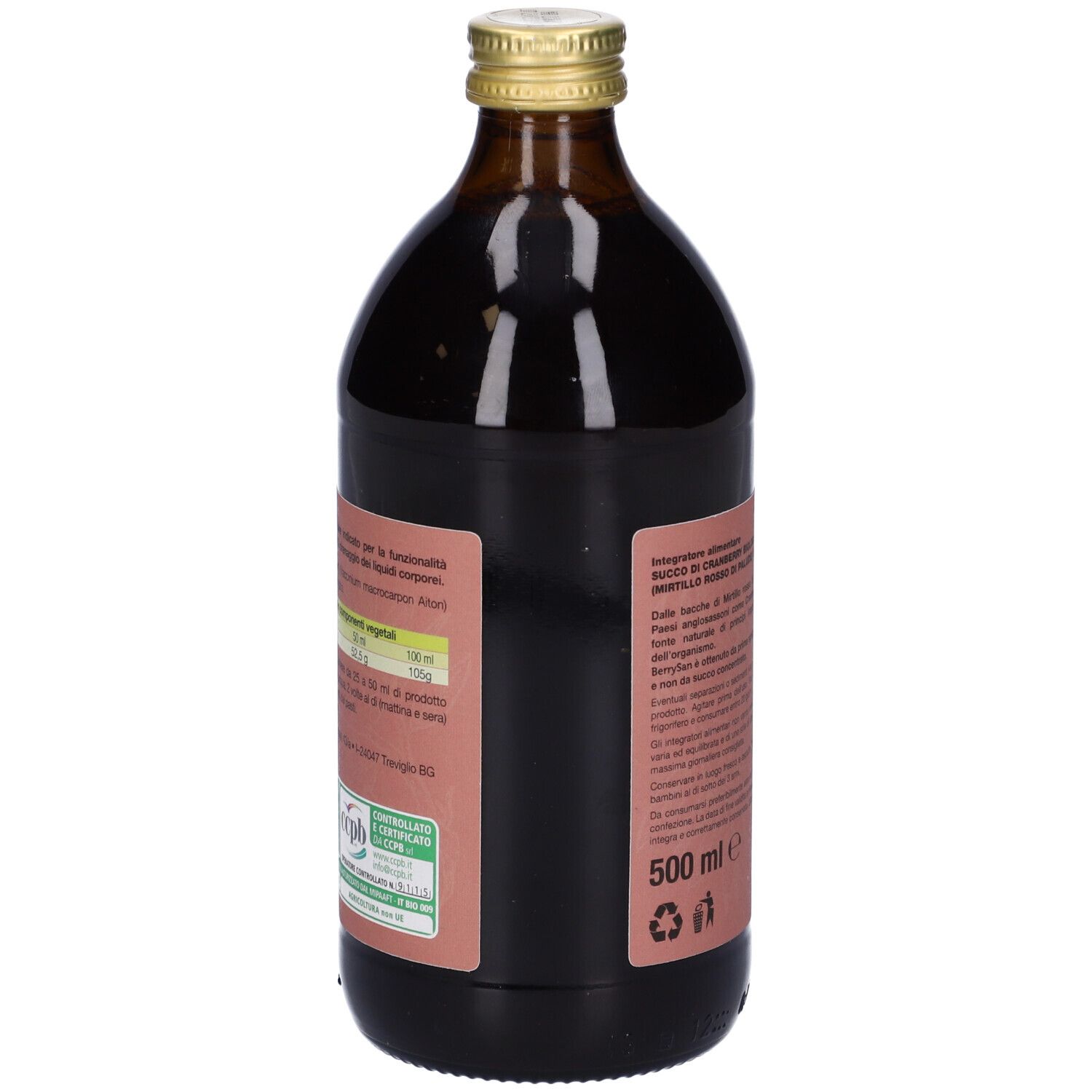 Bottiglia di vetro marrone con etichetta di mirtillo rosso. Scritta: BerrySan, succo di cranberry. Tappo dorato. Immagine di mirtilli rossi.