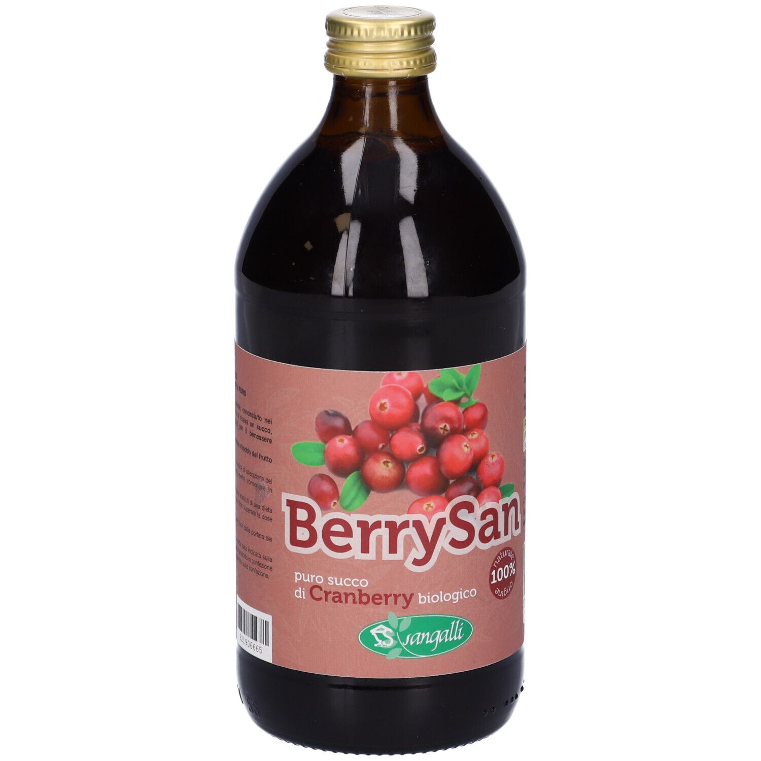 Bottiglia di vetro marrone con etichetta di mirtillo rosso. Scritta: BerrySan, succo di cranberry. Tappo dorato. Immagine di mirtilli rossi.