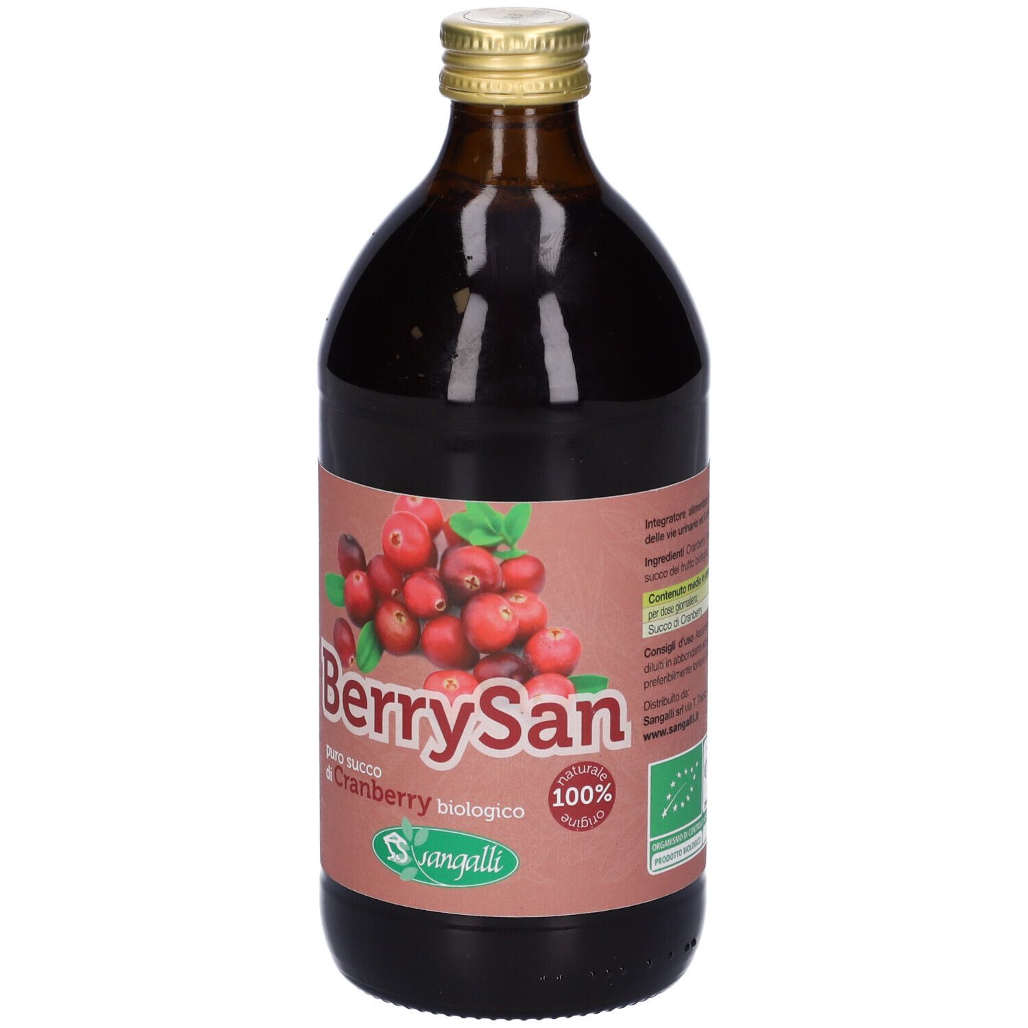 Bottiglia di vetro marrone con etichetta di mirtillo rosso. Scritta: BerrySan, succo di cranberry. Tappo dorato. Immagine di mirtilli rossi.