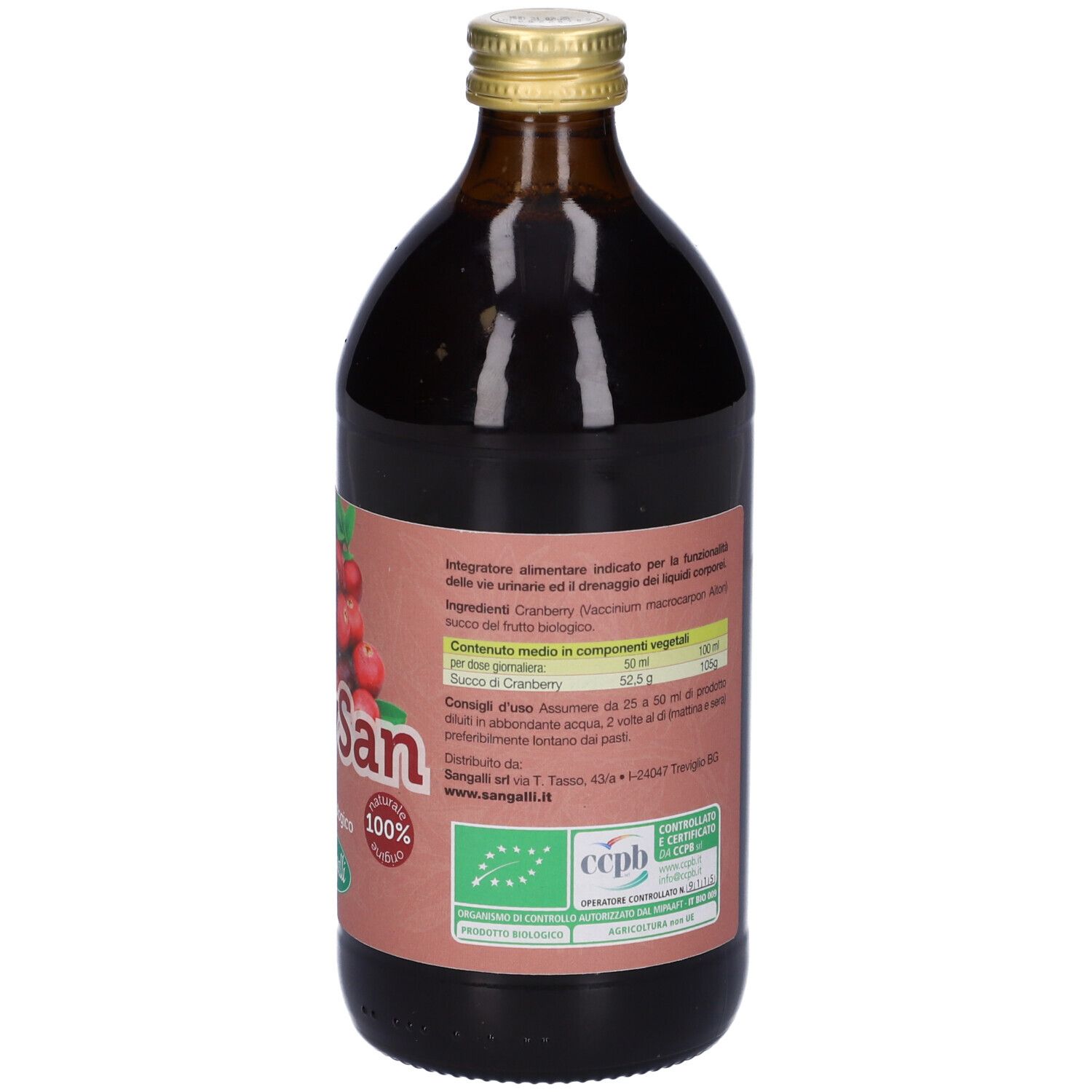 Bottiglia di vetro marrone con etichetta di mirtillo rosso. Scritta: BerrySan, succo di cranberry. Tappo dorato. Immagine di mirtilli rossi.