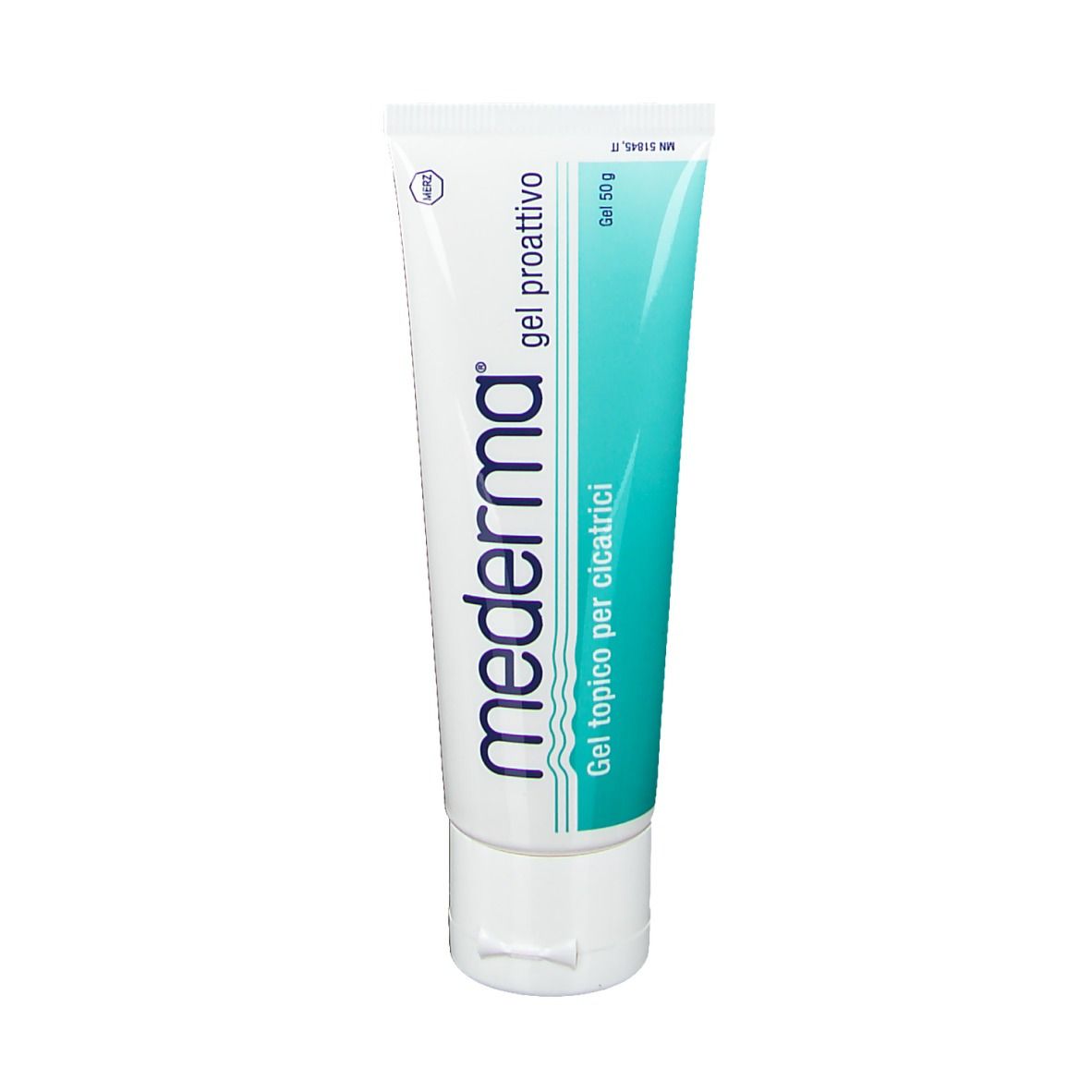 Mederma® Gel proattivo. Tubo. Scritto: Gel topico per cicatrici. 50g.