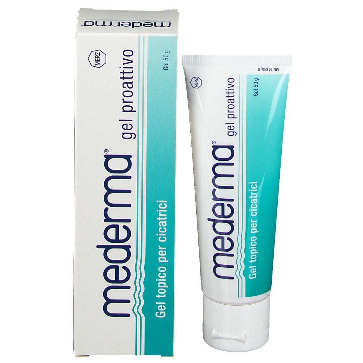 Mederma® Gel proattivo. Tubo e scatola. Scritto: Gel topico per cicatrici. 50g.