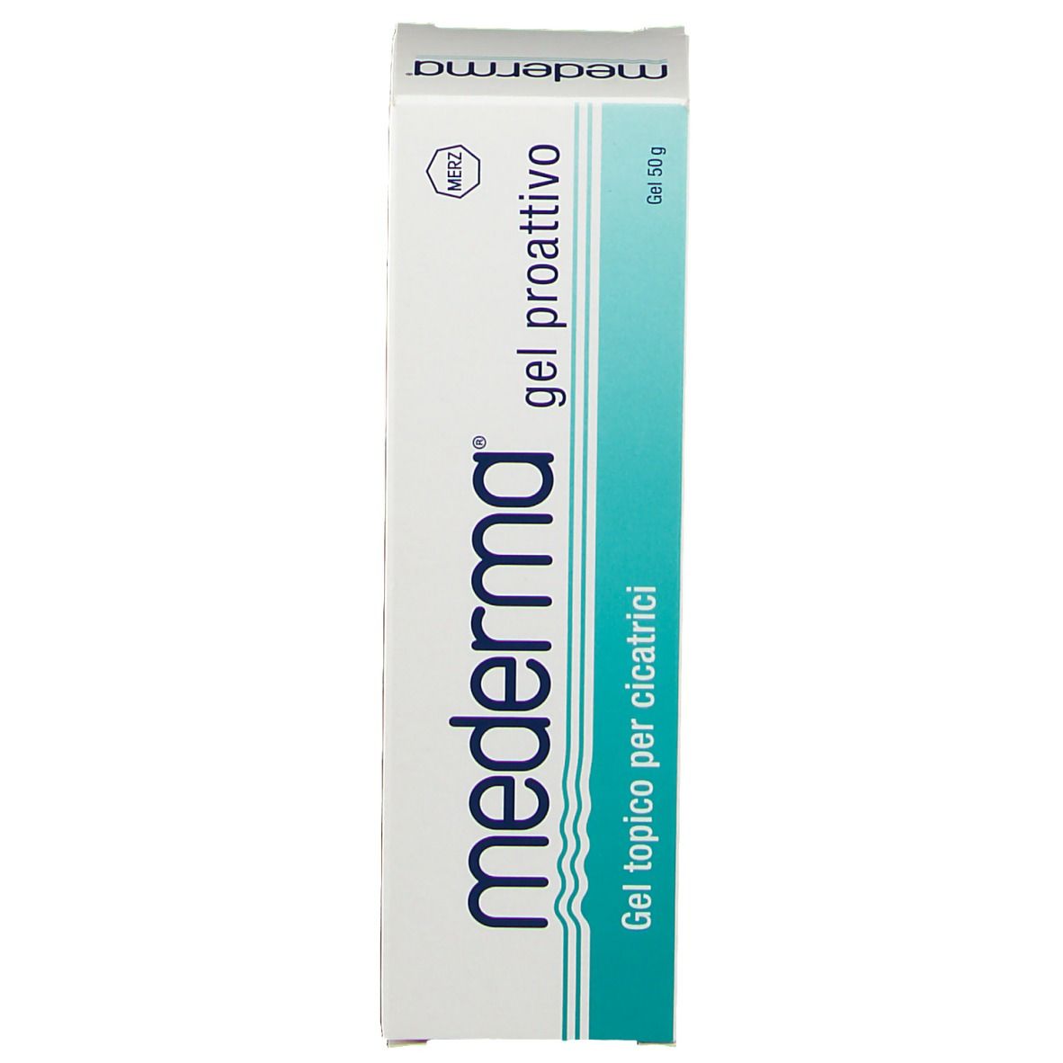 Mederma® Gel proattivo. Scatola. Scritto: Gel topico per cicatrici. 50g.