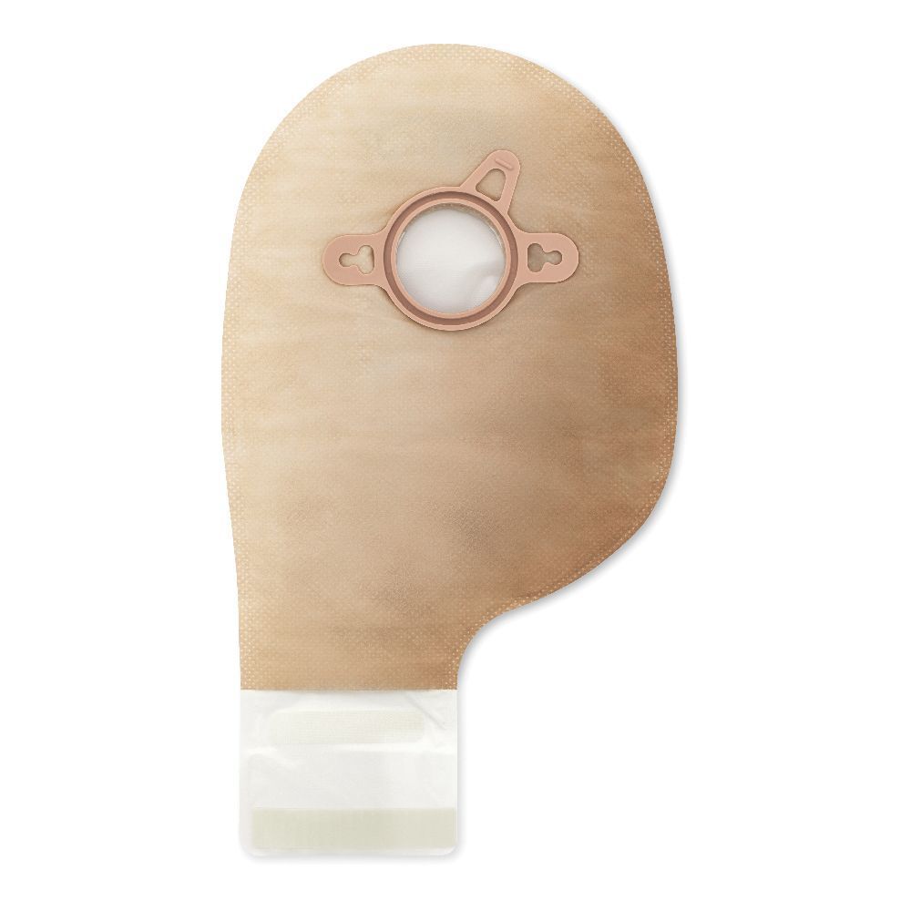 Sistema a sacca per ileostomia. Forma a sacca beige opaca con apertura e chiusura. Parte inferiore trasparente.