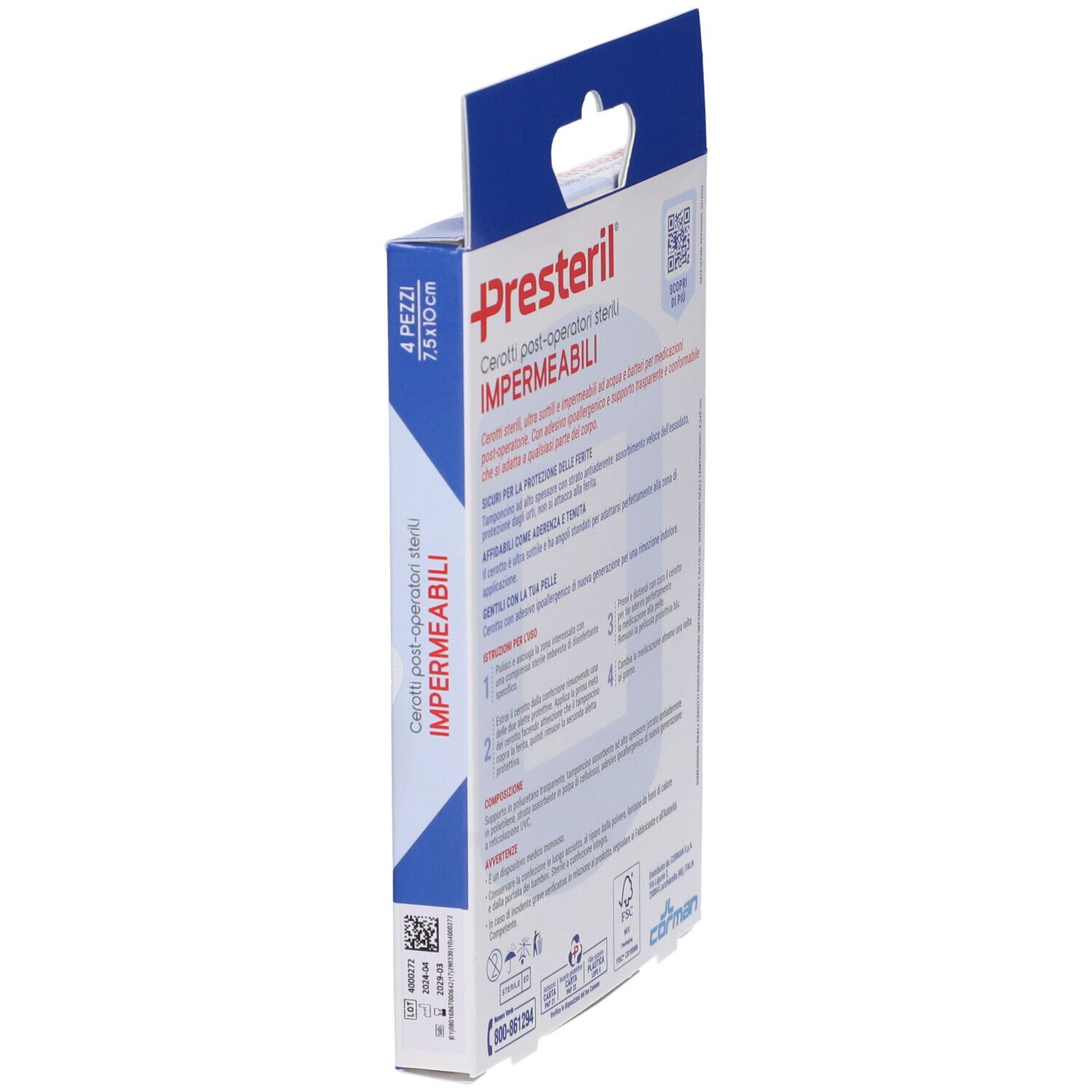 Vista laterale della confezione di cerotti Presteril. Testo: Cerotti post-operatori sterili impermeabili. 4 pezzi, 7,5x10cm. Codice QR e dati di produzione.