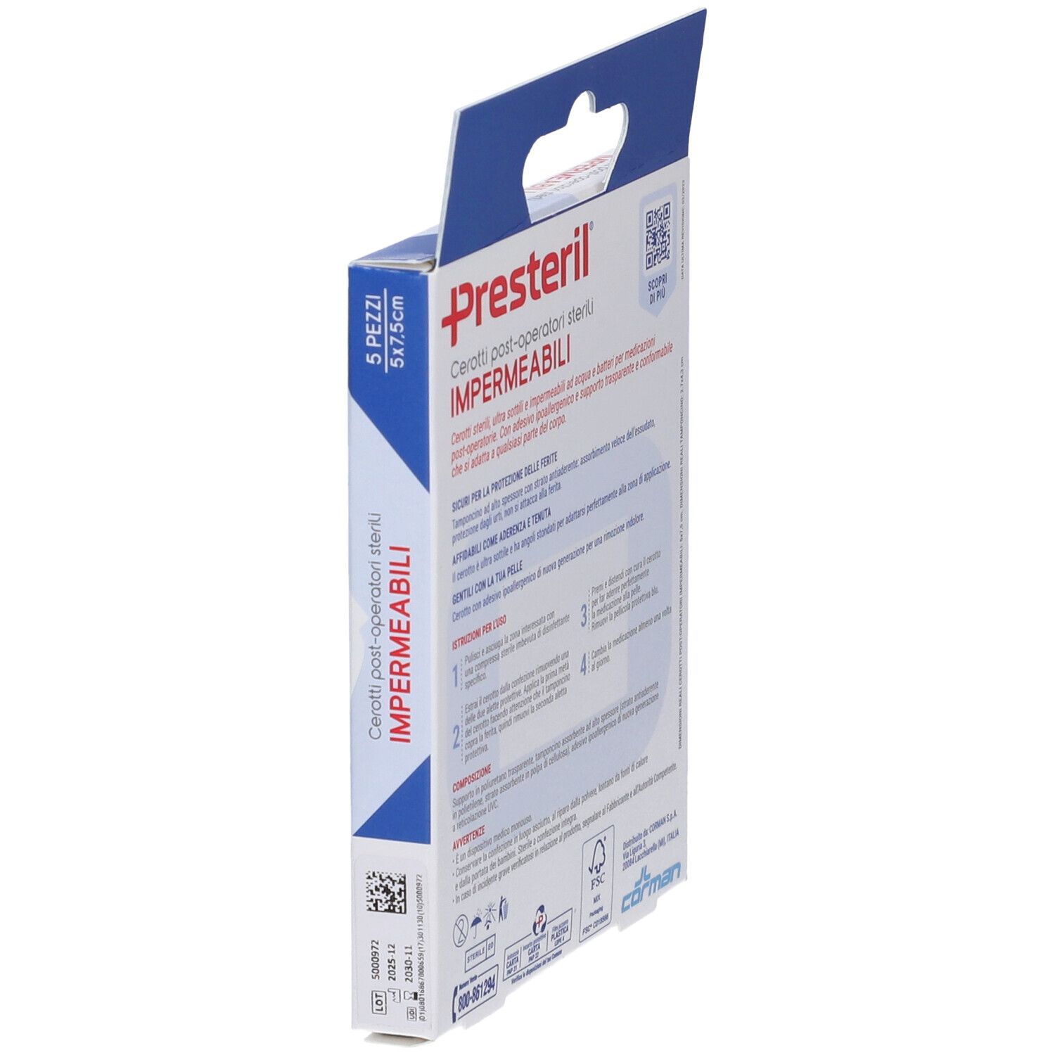 Verpackung PRESTERIL Cerotti post operatori impermeabili. Rückseite mit Produktinformationen und Anweisungen. 5 Stück, 5x7,5 cm.