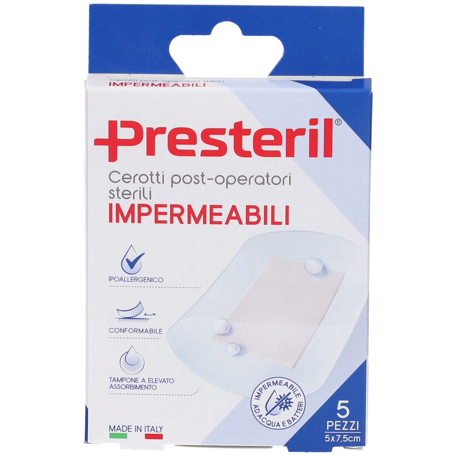 Verpackung PRESTERIL Cerotti post operatori impermeabili. 5 Stück, 5x7,5 cm. Allergikerfreundlich, formbar, hohe Absorption.