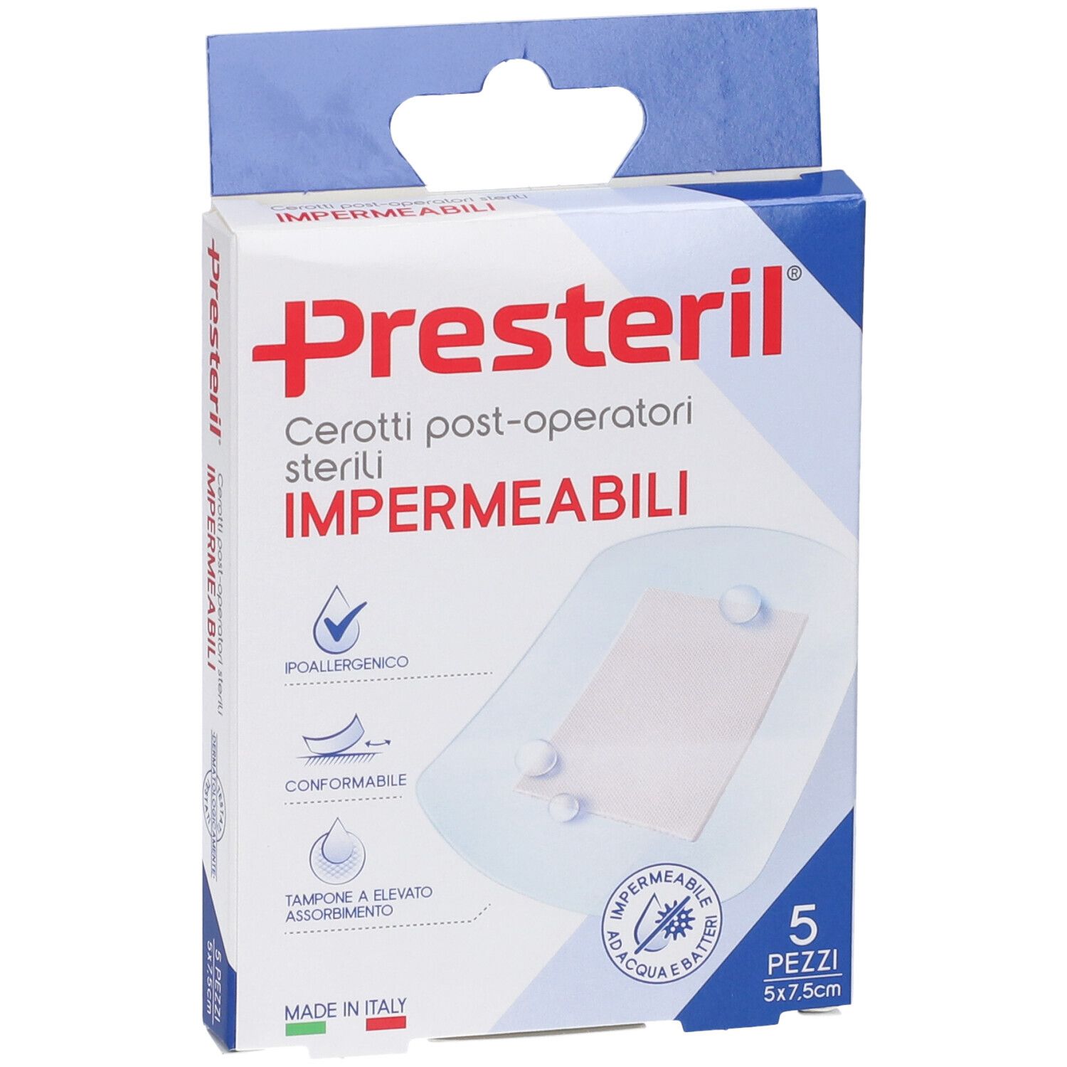 Verpackung PRESTERIL Cerotti post operatori impermeabili. 5 Stück, 5x7,5 cm. Allergikerfreundlich, formbar, hohe Absorption.