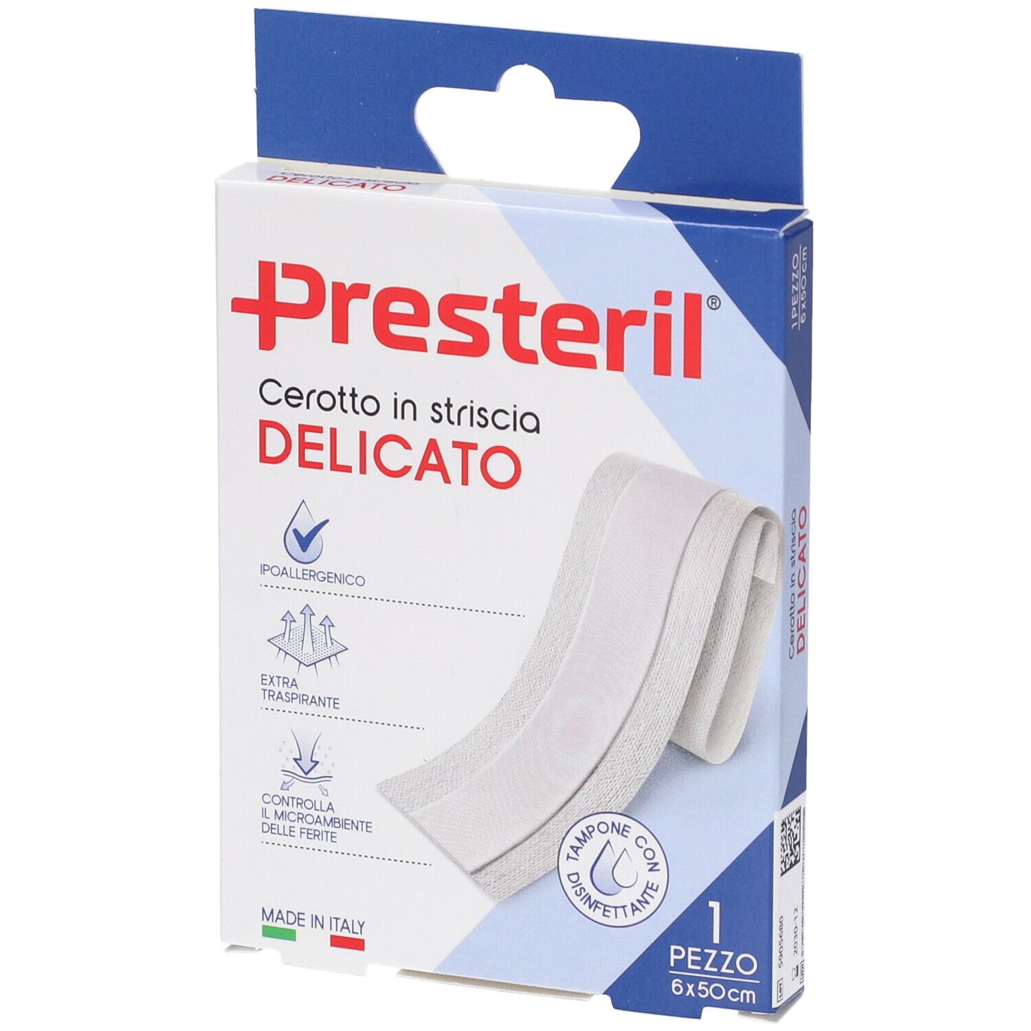 Verpackung eines empfindlichen Streifenverbands, 6x50cm, hypoallergen und atmungsaktiv.