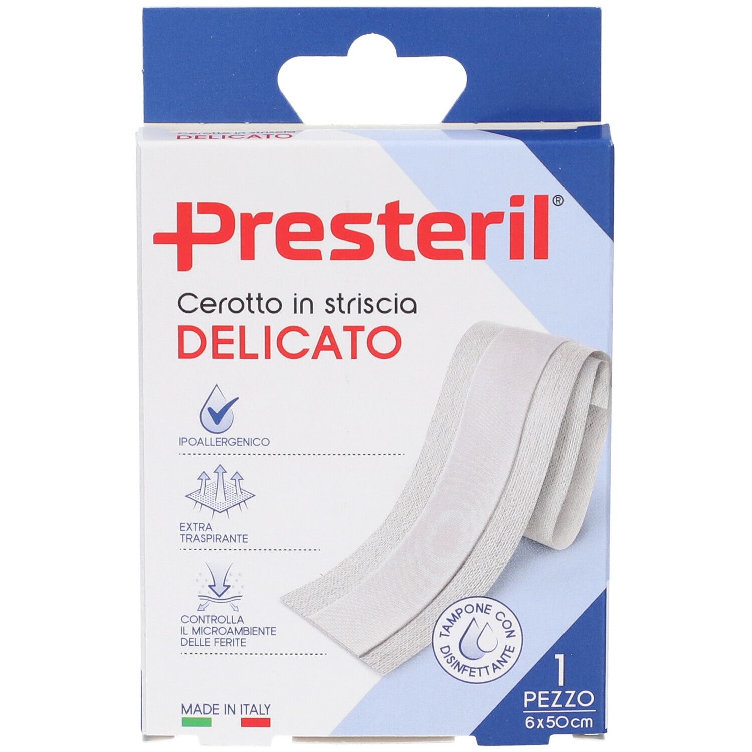 Verpackung eines empfindlichen Streifenverbands, 6x50cm, hypoallergen und atmungsaktiv.