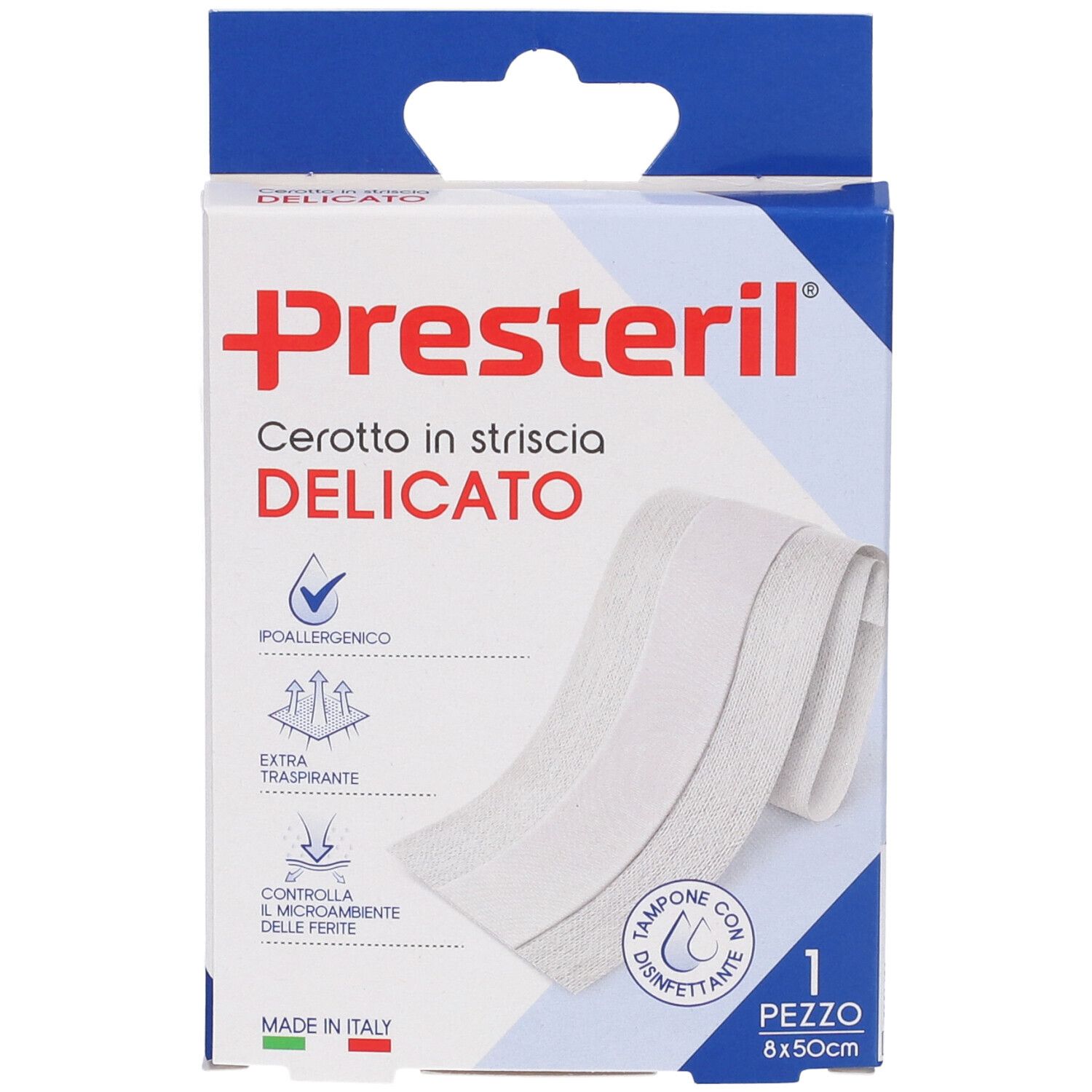 Presteril Cerotto in striscia delicato Verpackung. Weißer Verband, 8x50 cm. Hypoallergen, atmungsaktiv, mit Desinfektion.
