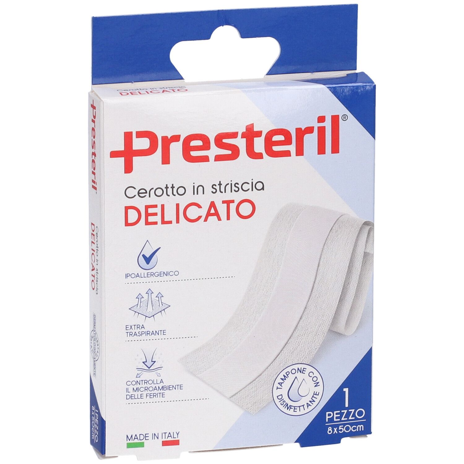 Presteril Cerotto in striscia delicato Verpackung. Weißer Verband, 8x50 cm. Hypoallergen, atmungsaktiv, mit Desinfektion.