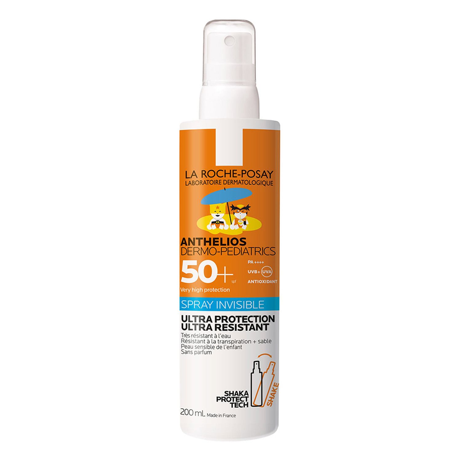 Flacone spray bianco-arancione. Scritta: Anthelios Dermo-Kids 50+ Spray. Illustrazioni di bambini sulla spiaggia.