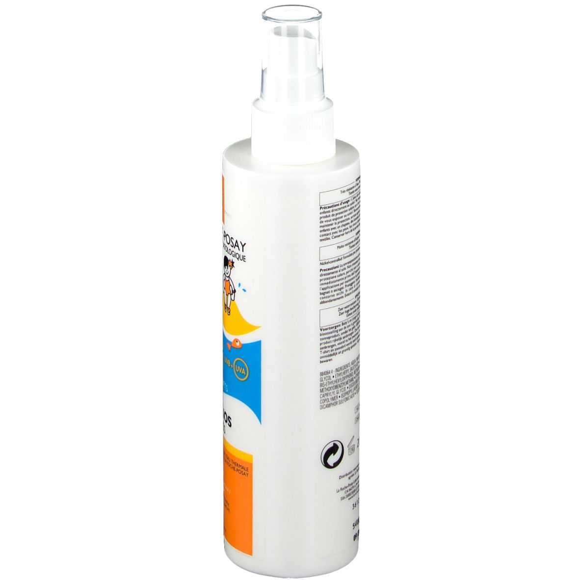 Flacone spray bianco-arancione. Scritta: Anthelios dermo-kids Spray. Retro con testo e informazioni. Protezione solare 50+.