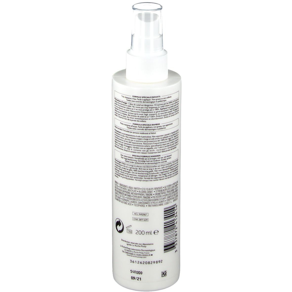 Retro del flacone spray. Testo e informazioni. Scritta: 200 ml. Con loghi e codice a barre. Protezione solare 50+.