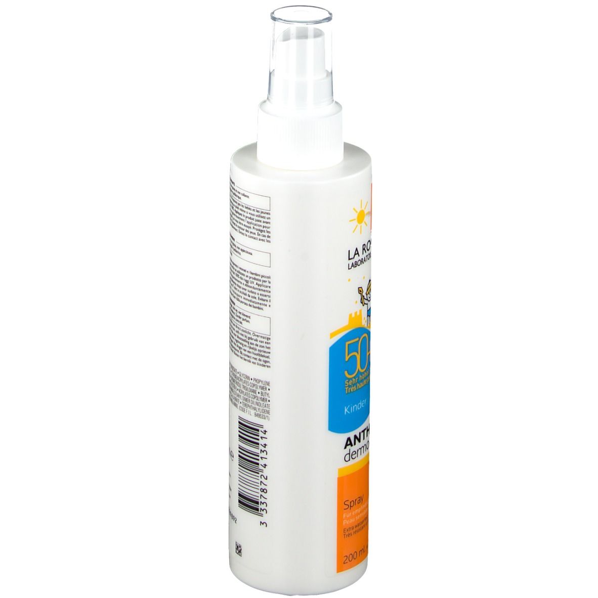 Retro del flacone spray. Testo e informazioni. Scritta: 200 ml. Con loghi e codice a barre. Protezione solare 50+.
