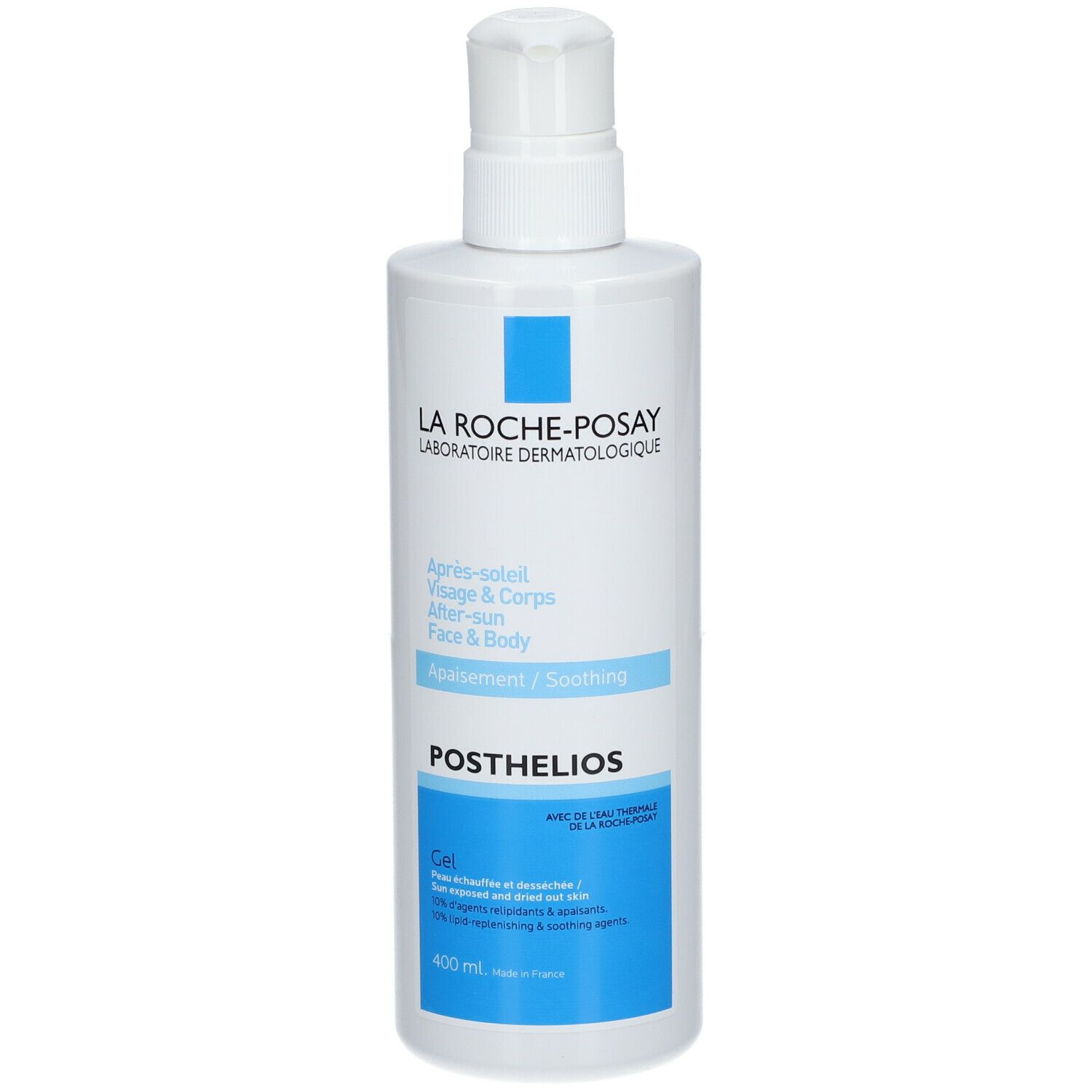 Flacone bianco con etichetta blu. Scritta: LA ROCHE-POSAY, POSTHELIOS, Après-soleil, Visage & Corps, After-sun, Face & Body.